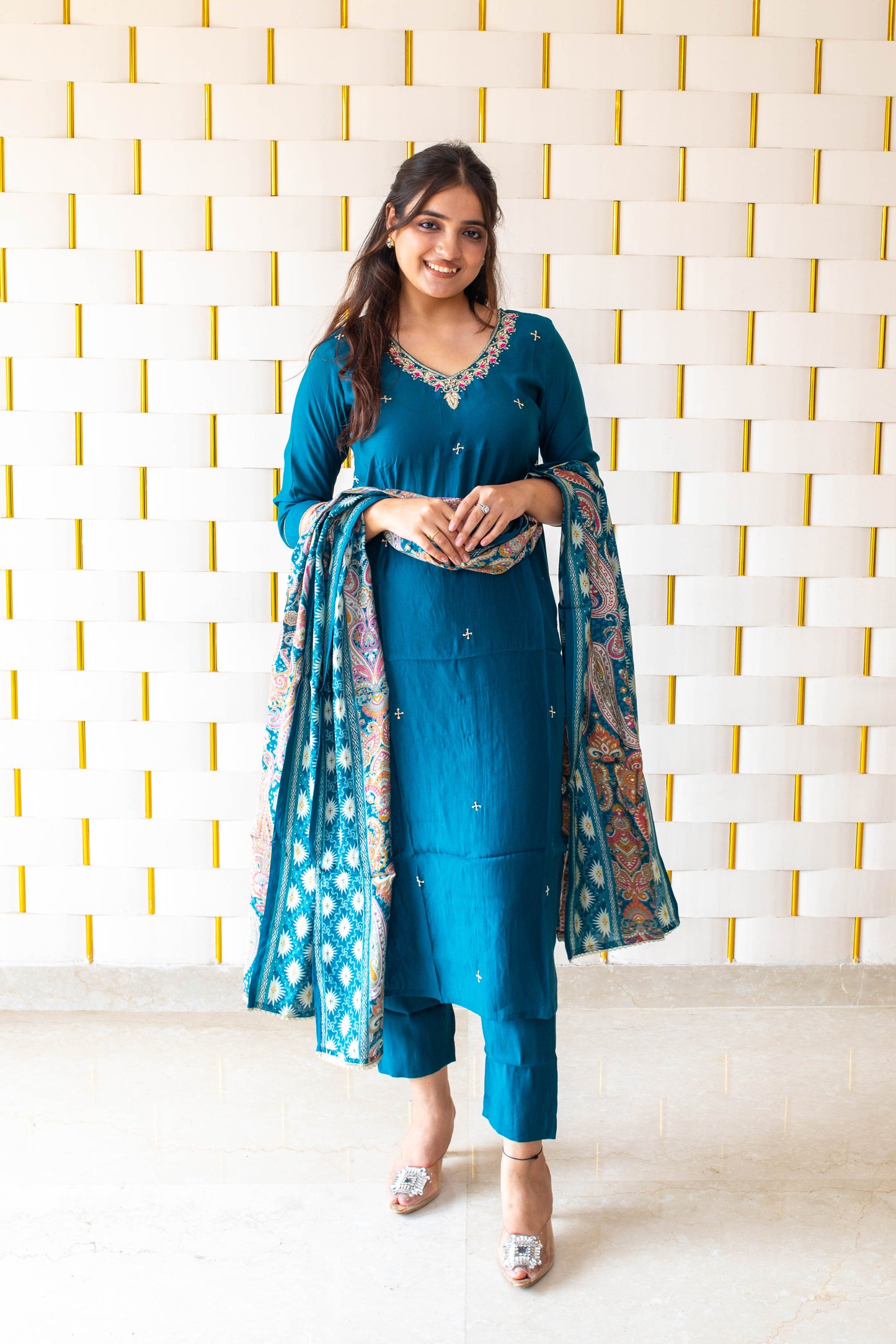 Peacock Blue Suit with Work on Neck and Printed Dupatta