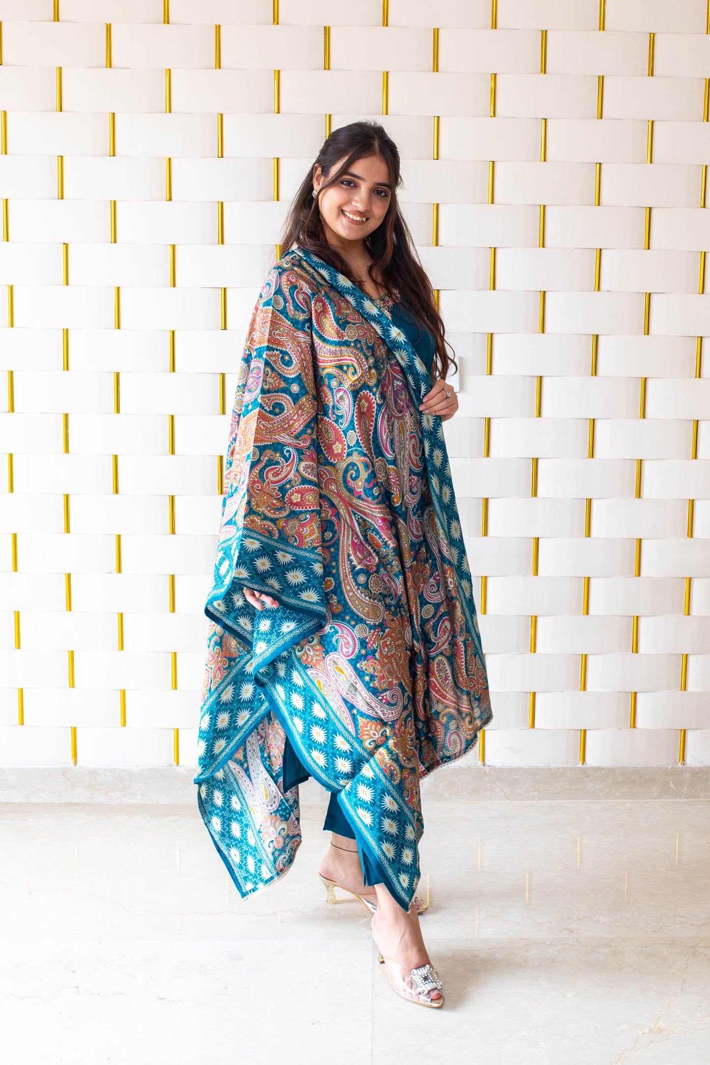 Peacock Blue Suit with Work on Neck and Printed Dupatta