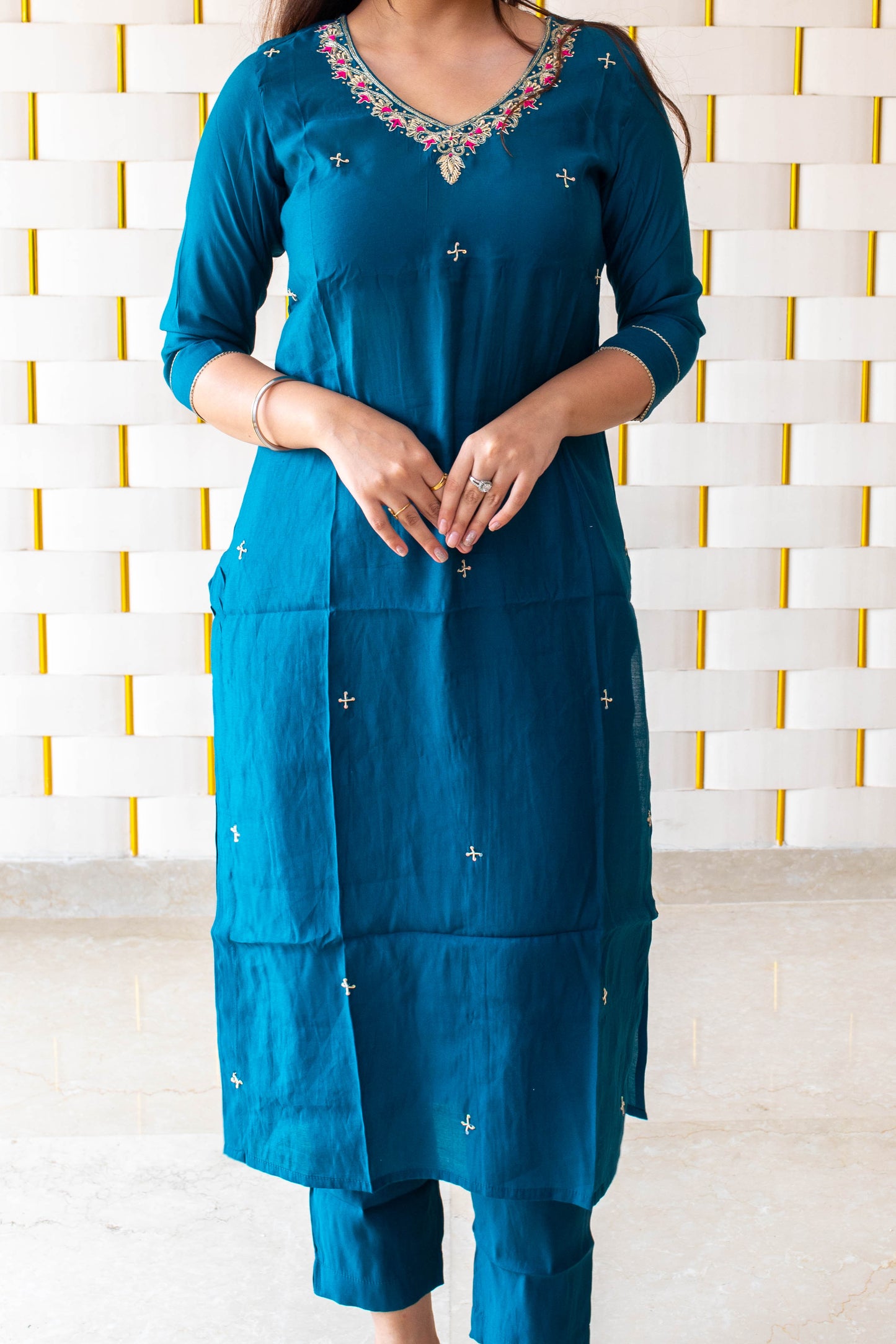 Peacock Blue Suit with Work on Neck and Printed Dupatta