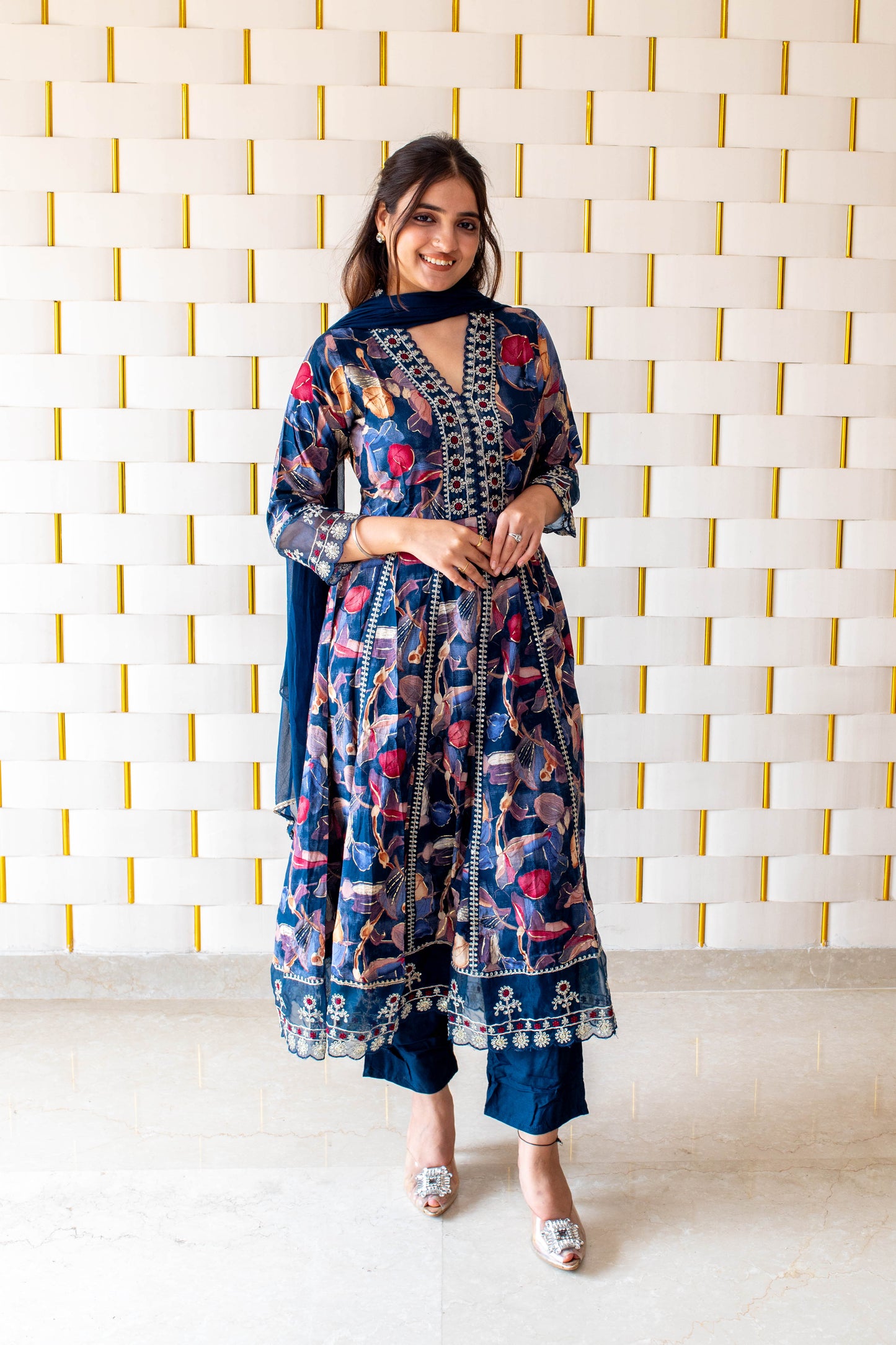 Floral Royal Blue Anarkali Suit with work on Neck, and Net Lace on Sleeves and Borders  and Chiffon Dupatta