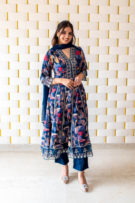 Floral Royal Blue Anarkali Suit with work on Neck, and Net Lace on Sleeves and Borders  and Chiffon Dupatta