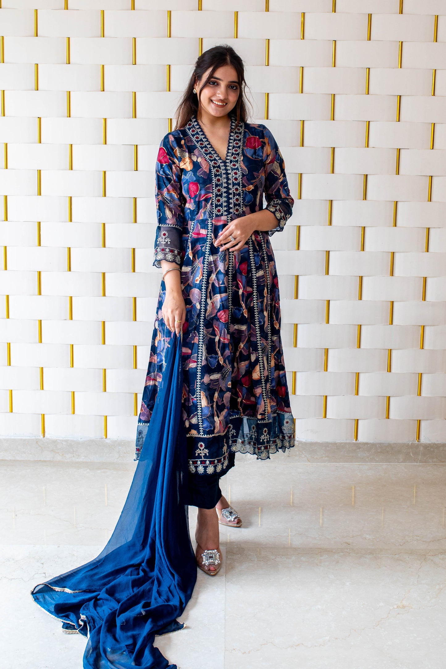 Floral Royal Blue Anarkali Suit with work on Neck, and Net Lace on Sleeves and Borders  and Chiffon Dupatta