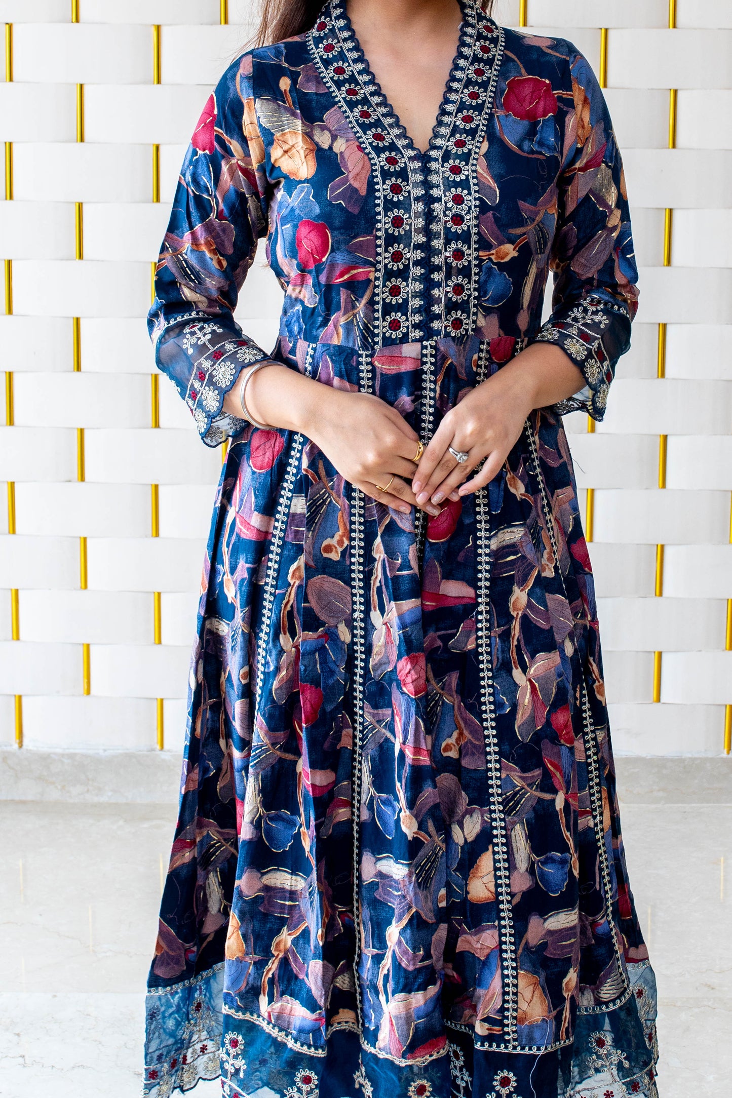 Floral Royal Blue Anarkali Suit with work on Neck, and Net Lace on Sleeves and Borders  and Chiffon Dupatta