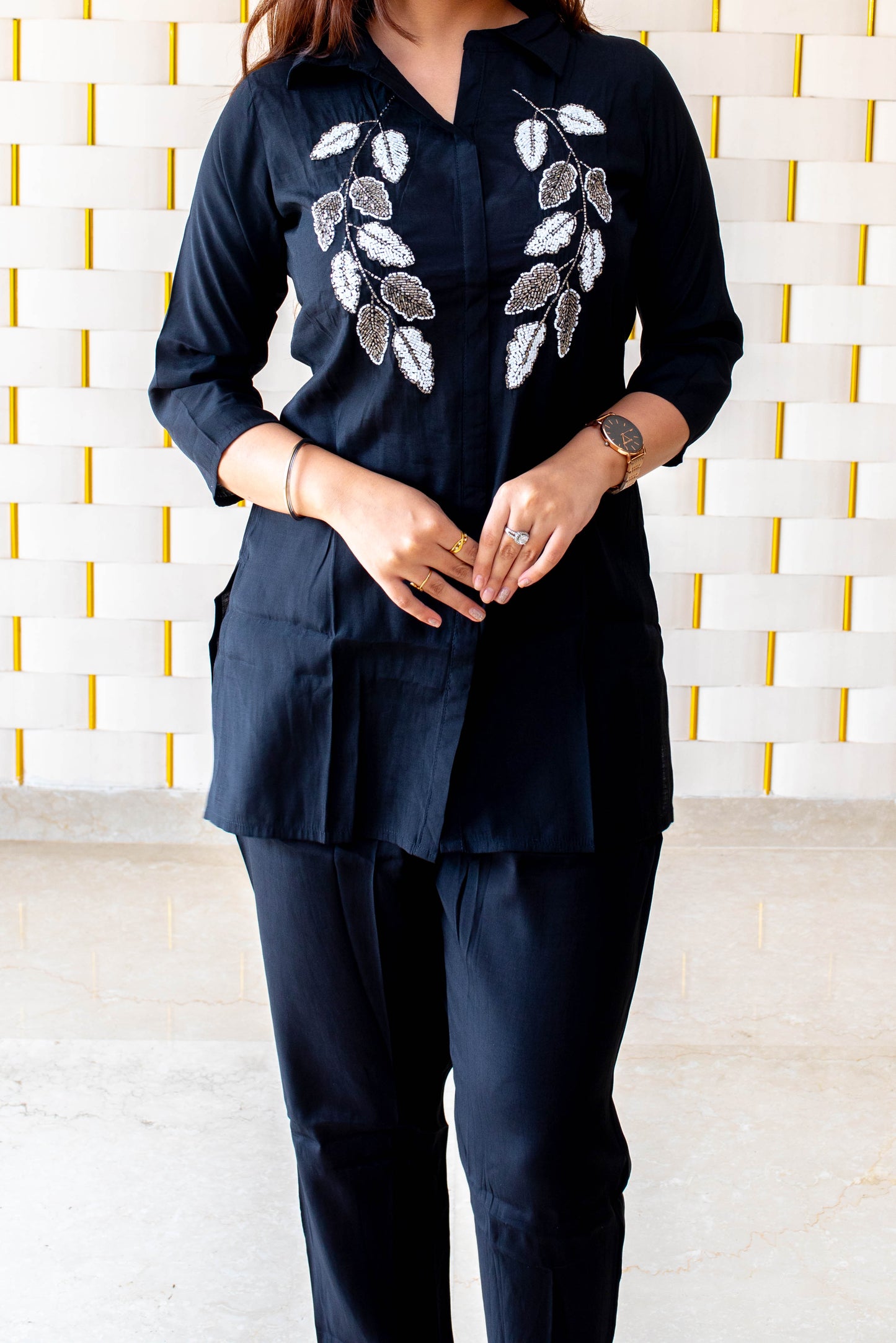 Black Co-Ord set with Silver Leaf Work