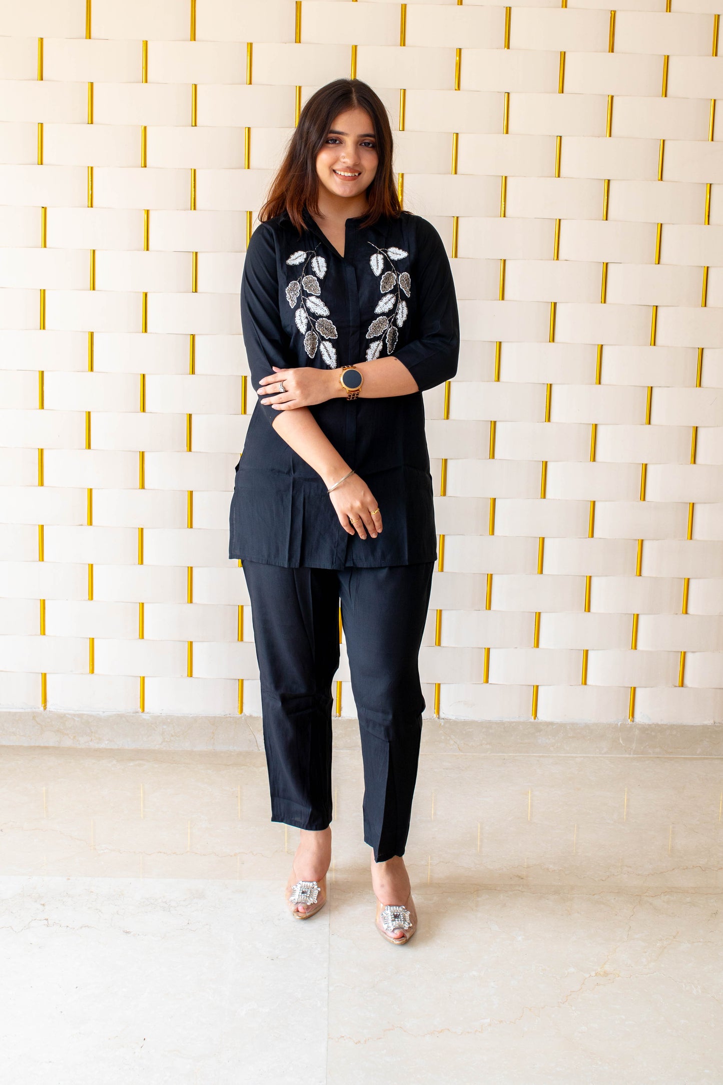 Black Co-Ord set with Silver Leaf Work