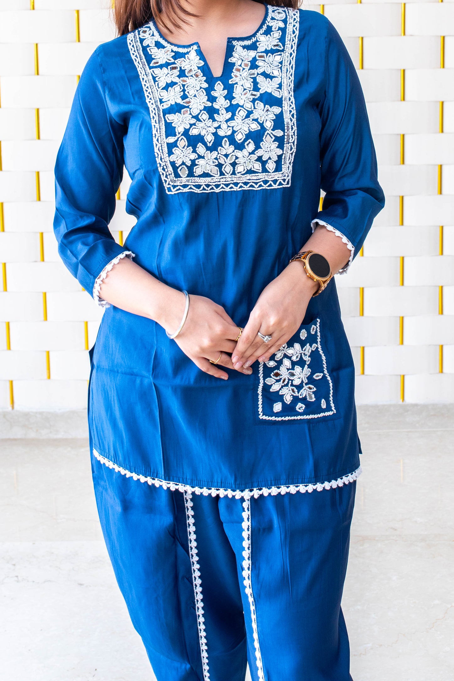 Blue Co-Ord set with Mirror Work on Neck, Sleeves, Pocket, Border and Dhoti Pants