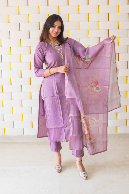Light Purple Suit with handcrafted beads work on neck and Dupatta with Floral Prints