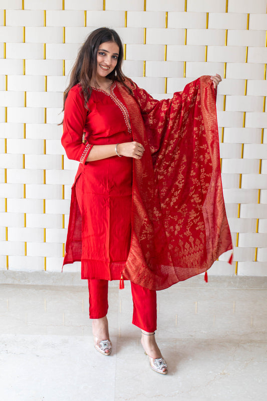 Red Suit with Golden Beads work on Neck and Sleeves & Silk Dupatta