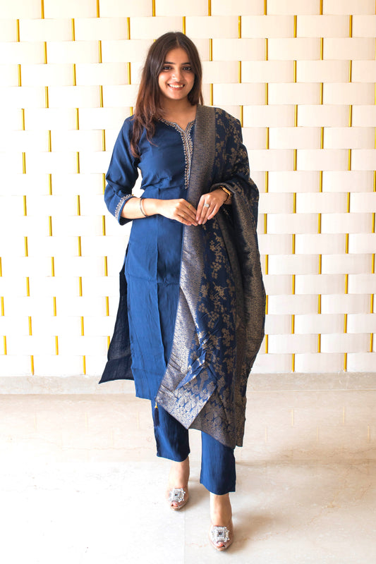 Blue suit with Golden Beads work on Neck and Sleeves with Silk Dupatta