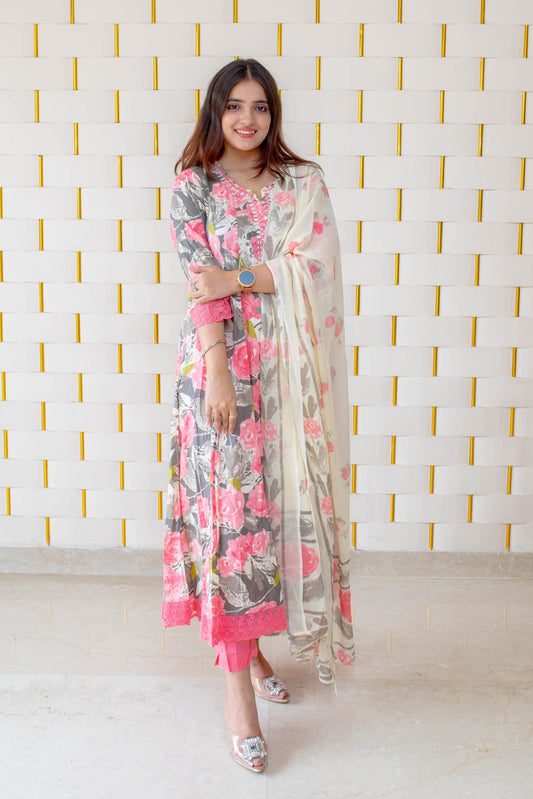 Pink Floral Anarkali Suit with Minor work on Neck and Net Lace on Sleeves and Borders with Cream Dupatta