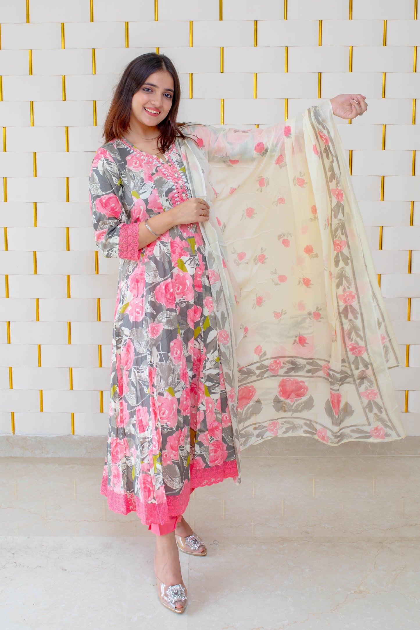 Pink Floral Anarkali Suit with Minor work on Neck and Net Lace on Sleeves and Borders with Cream Dupatta