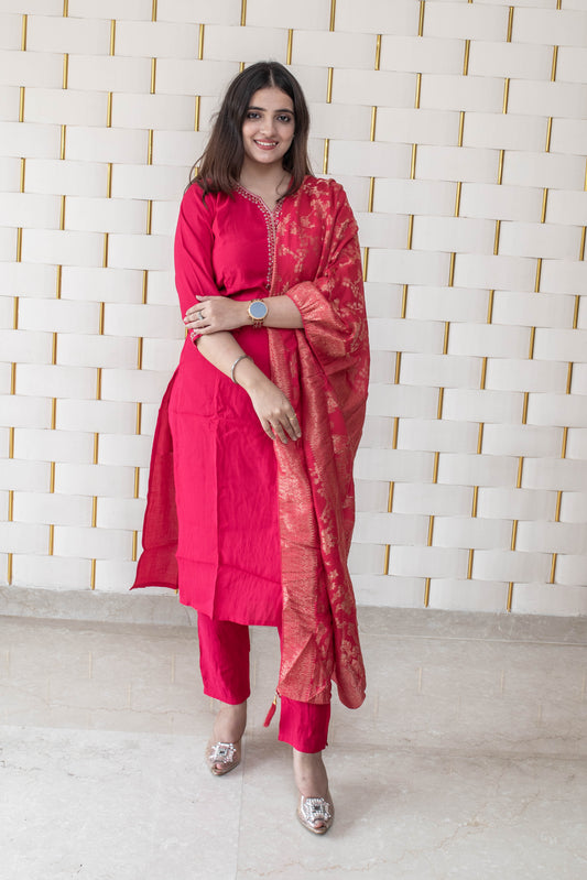 Bright Pink suit with Golden Beads work on Neck and Sleeves with Silk Dupatta