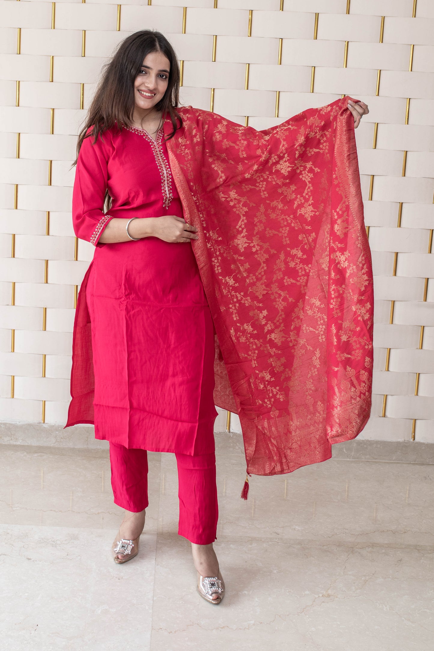 Bright Pink suit with Golden Beads work on Neck and Sleeves with Silk Dupatta