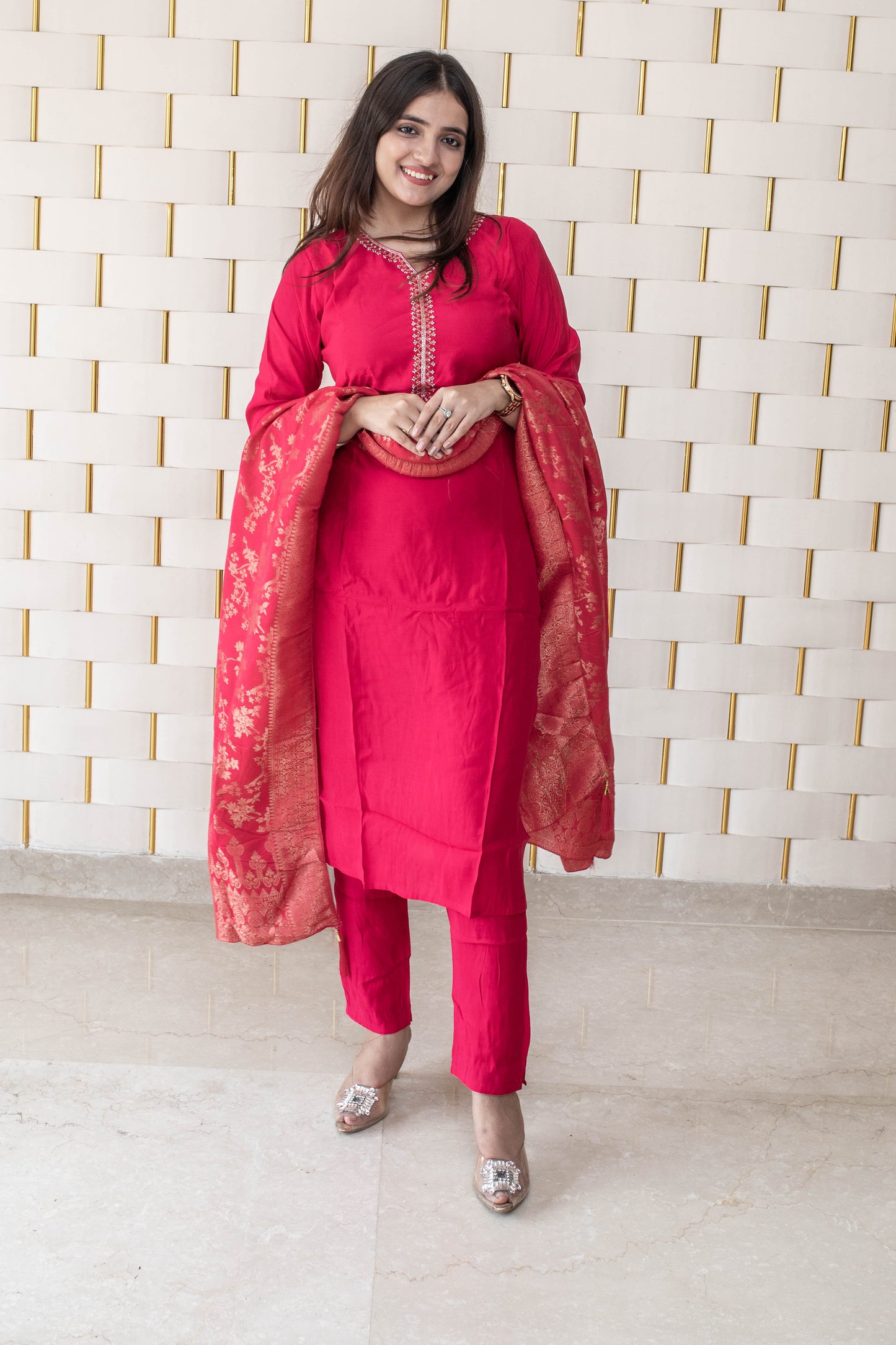 Bright Pink suit with Golden Beads work on Neck and Sleeves with Silk Dupatta