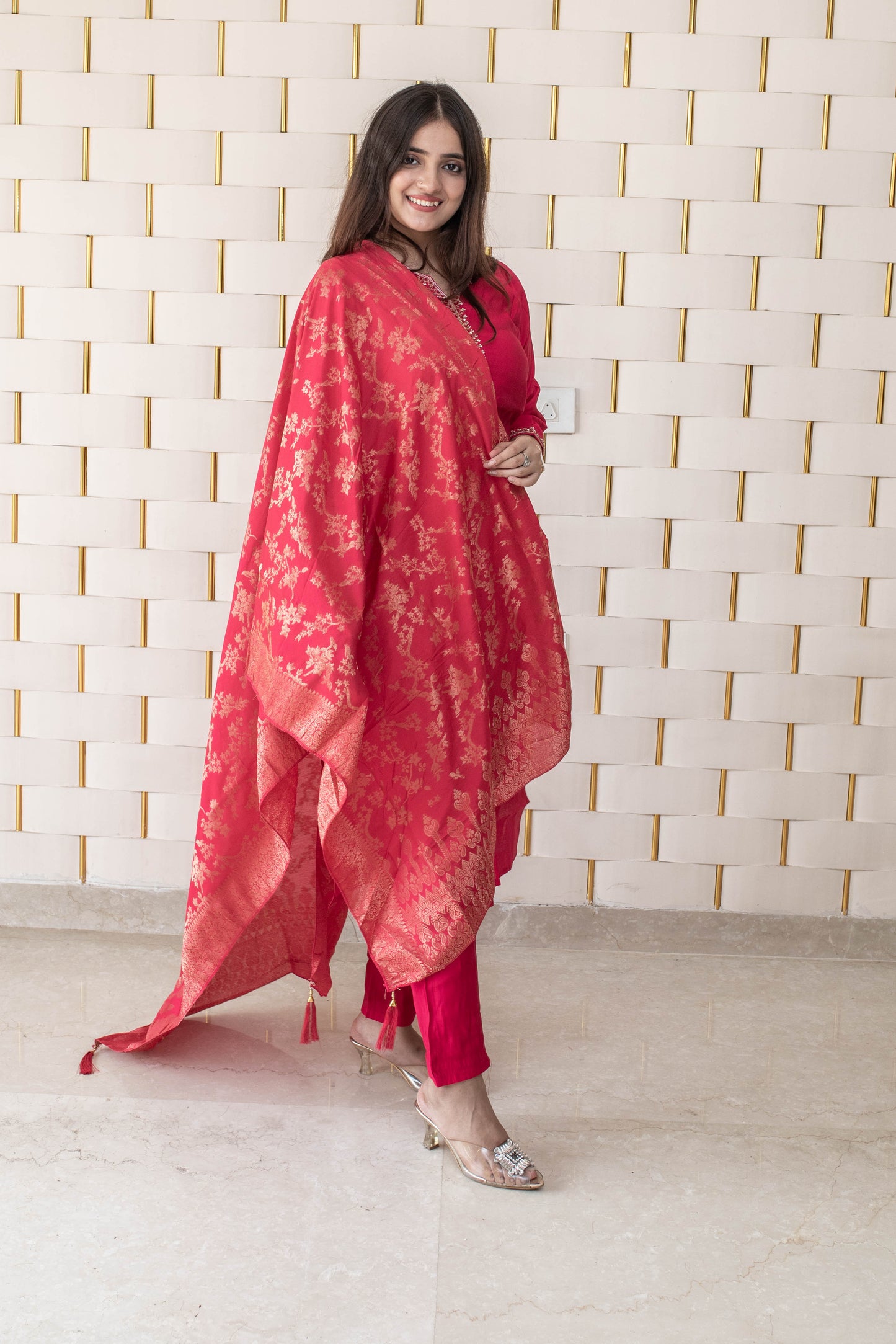 Bright Pink suit with Golden Beads work on Neck and Sleeves with Silk Dupatta