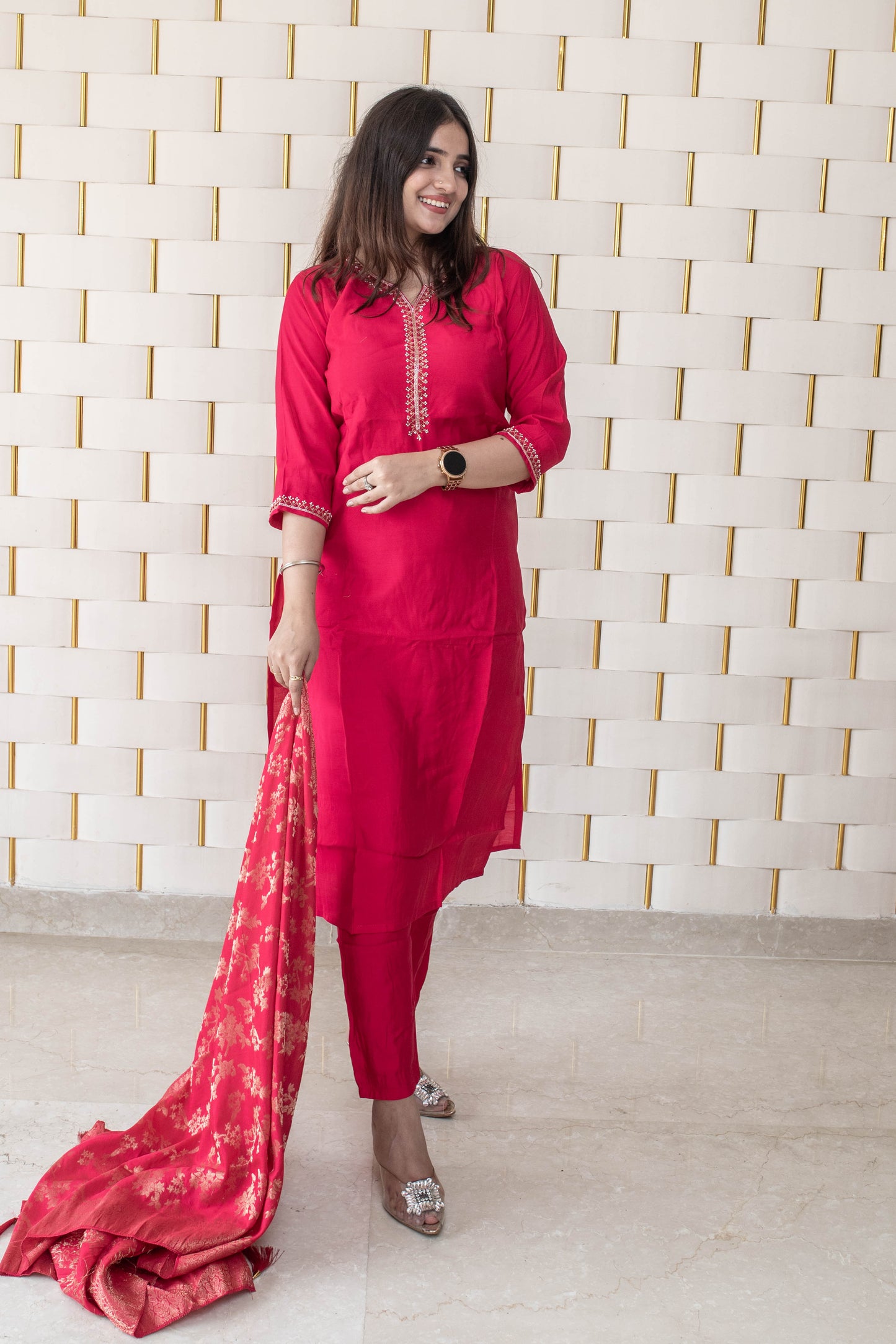 Bright Pink suit with Golden Beads work on Neck and Sleeves with Silk Dupatta