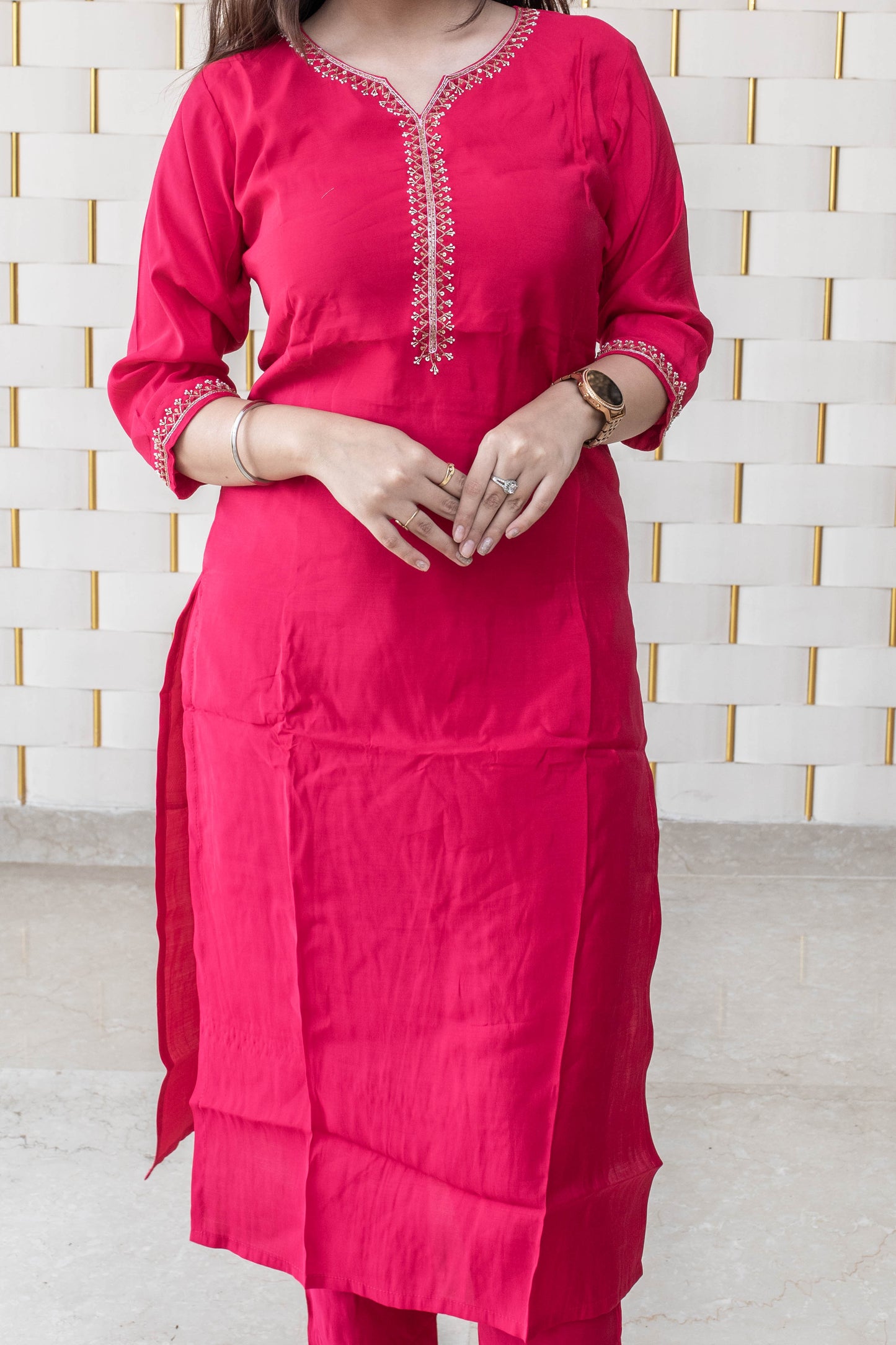 Bright Pink suit with Golden Beads work on Neck and Sleeves with Silk Dupatta