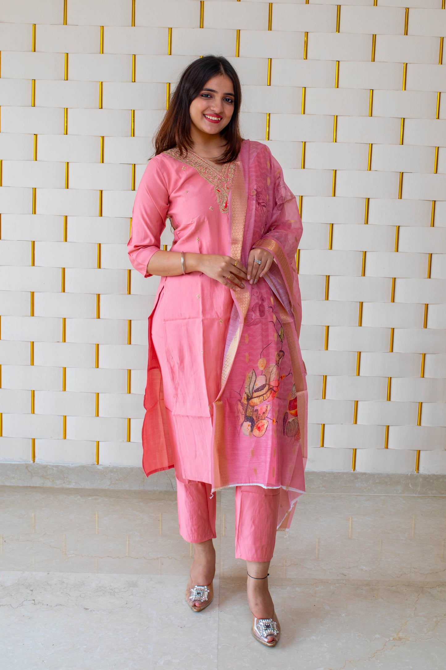 Light Pink Cotton Silk Suit with Golden work on Neck and Silk floral dupatta