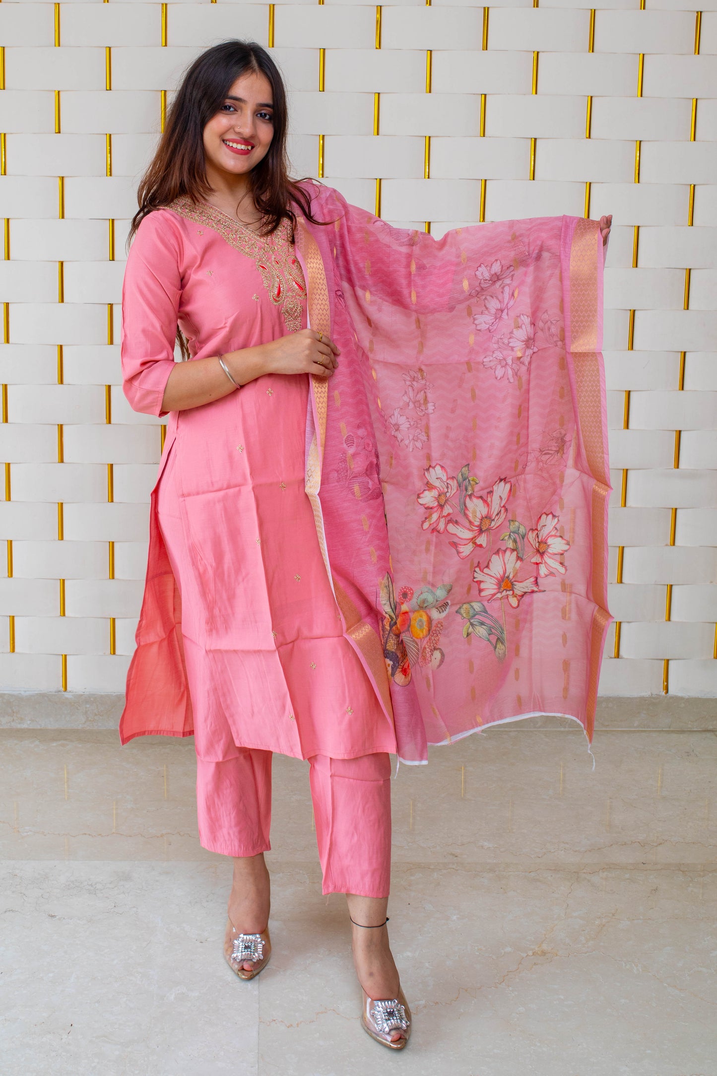 Light Pink Cotton Silk Suit with Golden work on Neck and Silk floral dupatta