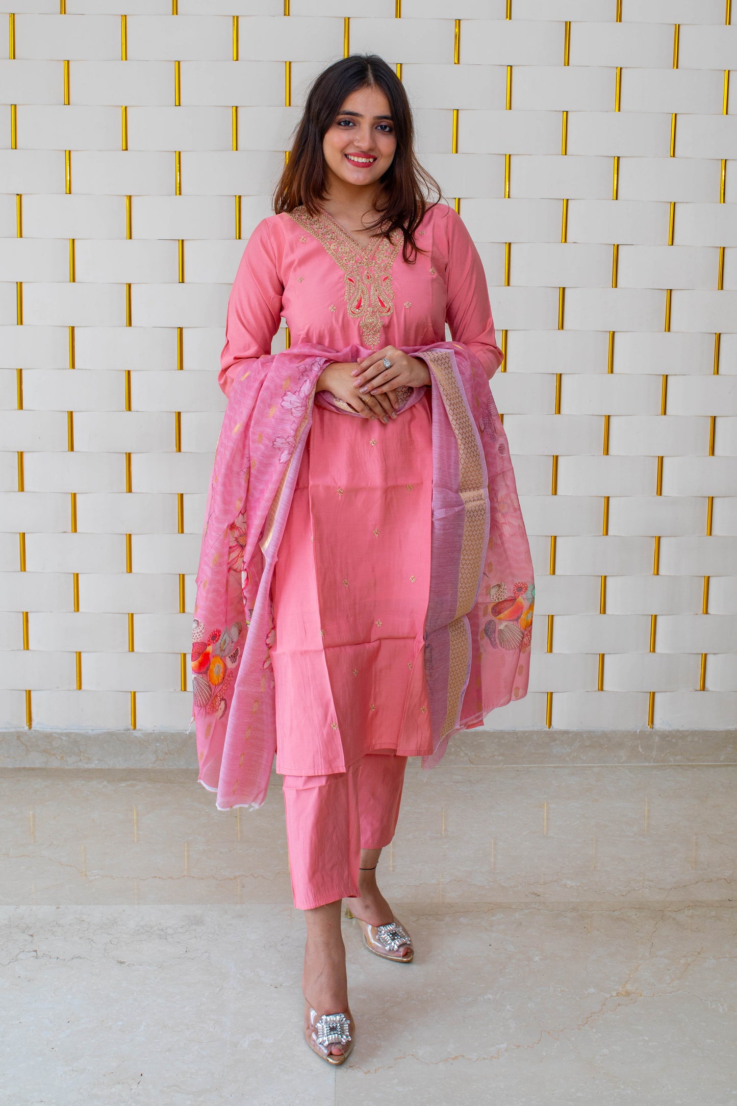 Light Pink Cotton Silk Suit with Golden work on Neck and Silk floral dupatta