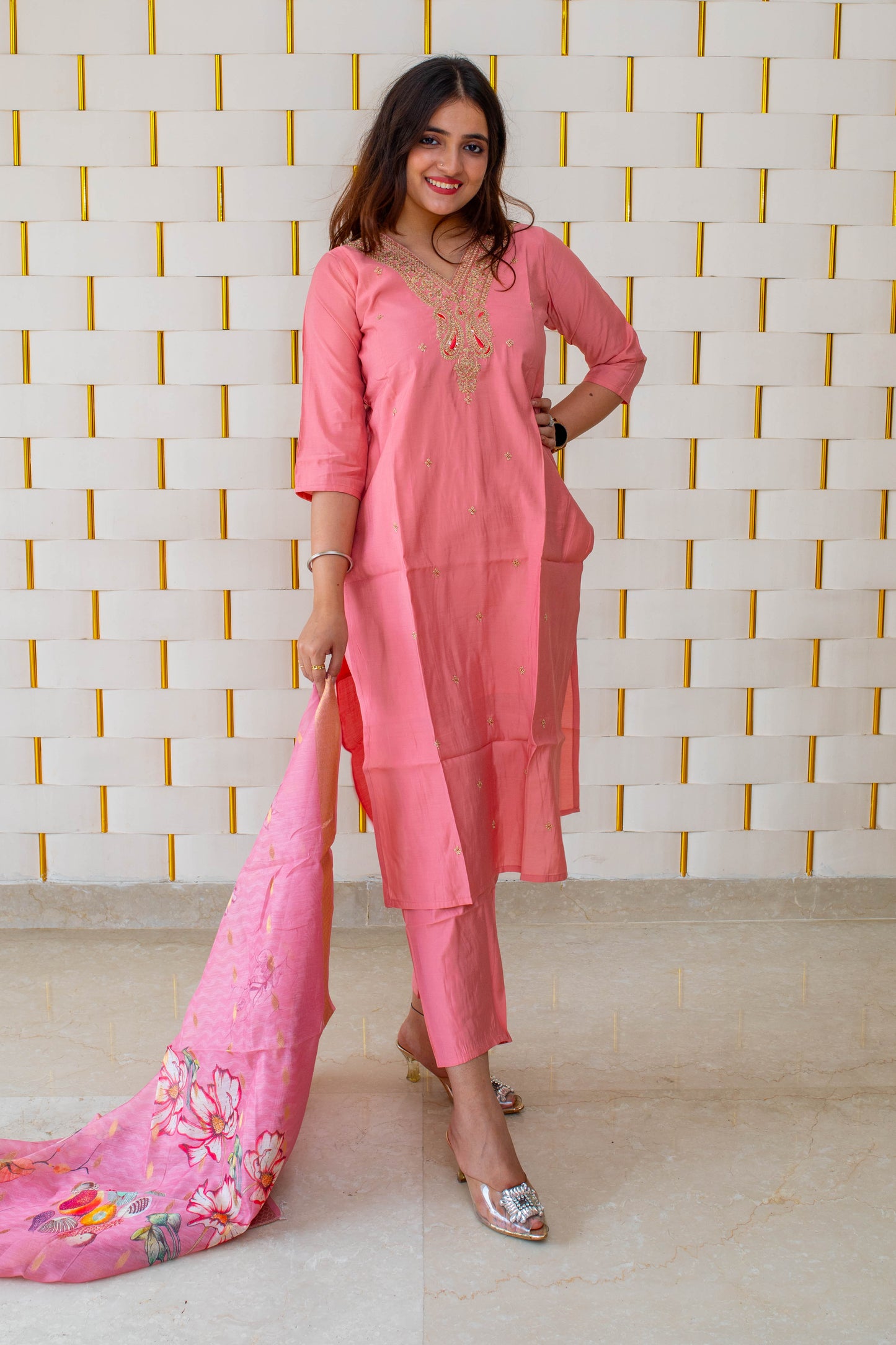 Light Pink Cotton Silk Suit with Golden work on Neck and Silk floral dupatta