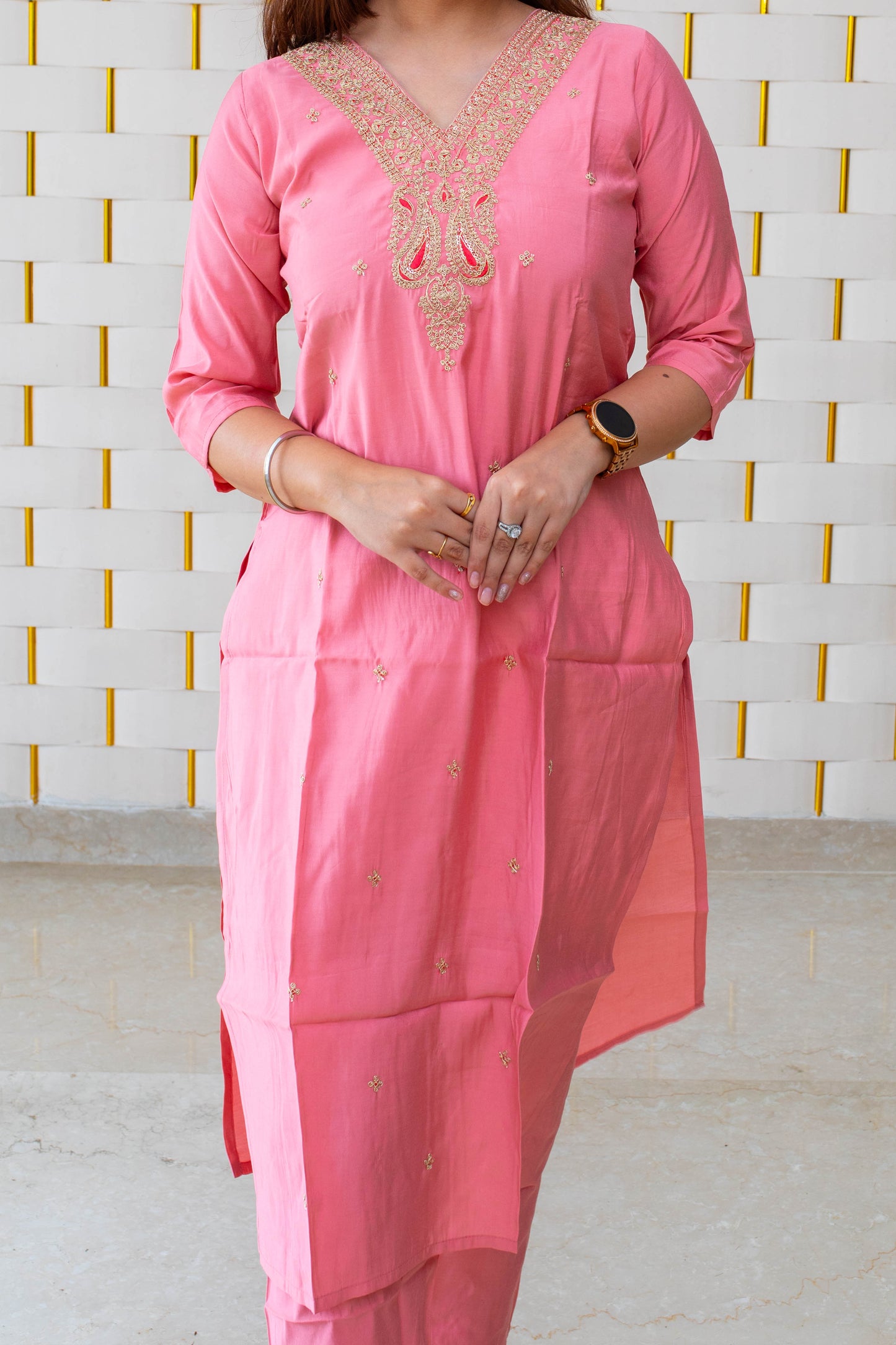 Light Pink Cotton Silk Suit with Golden work on Neck and Silk floral dupatta