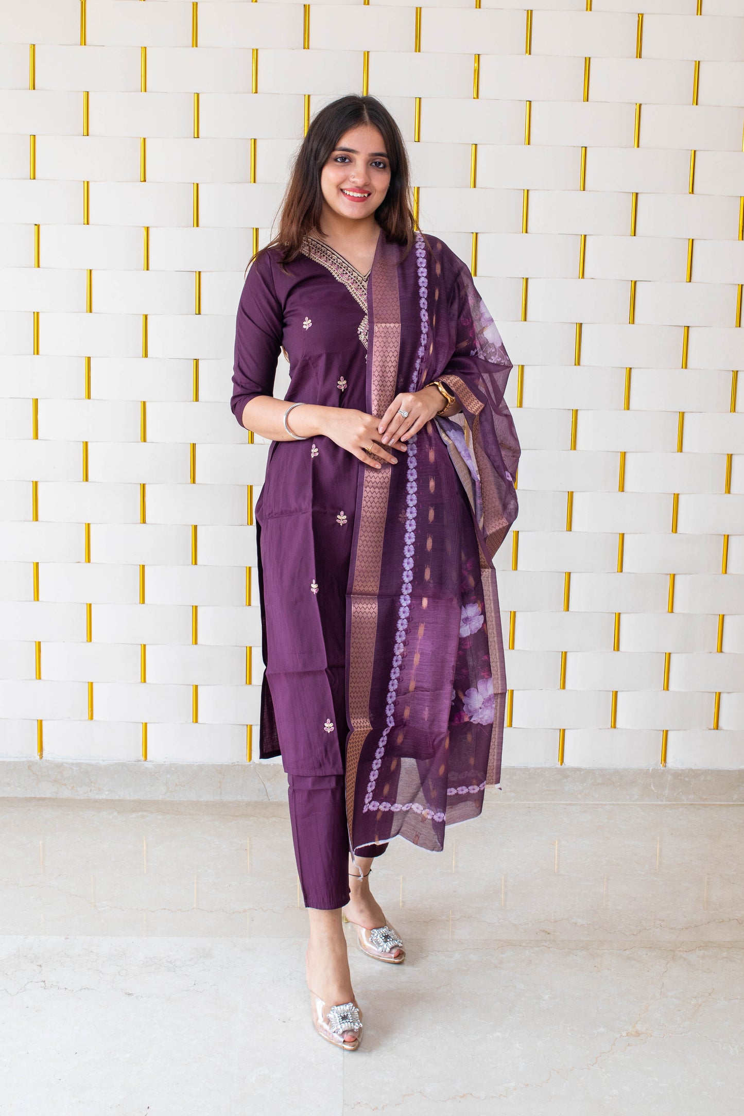 Deep Purple Suit with handcrafted Golden Beads work on neck with Golden Zari work on Dupatta