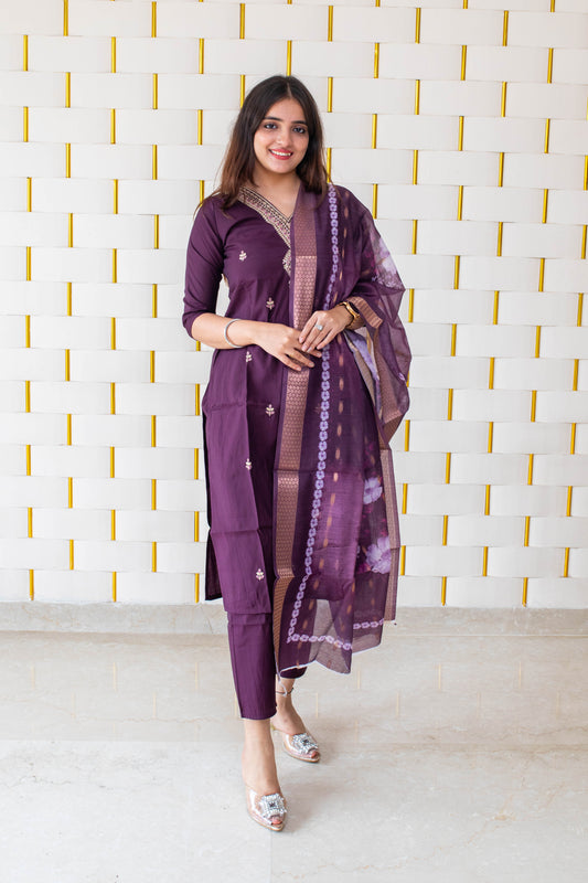 Deep Purple Suit with handcrafted Golden Beads work on neck with Golden Zari work on Dupatta