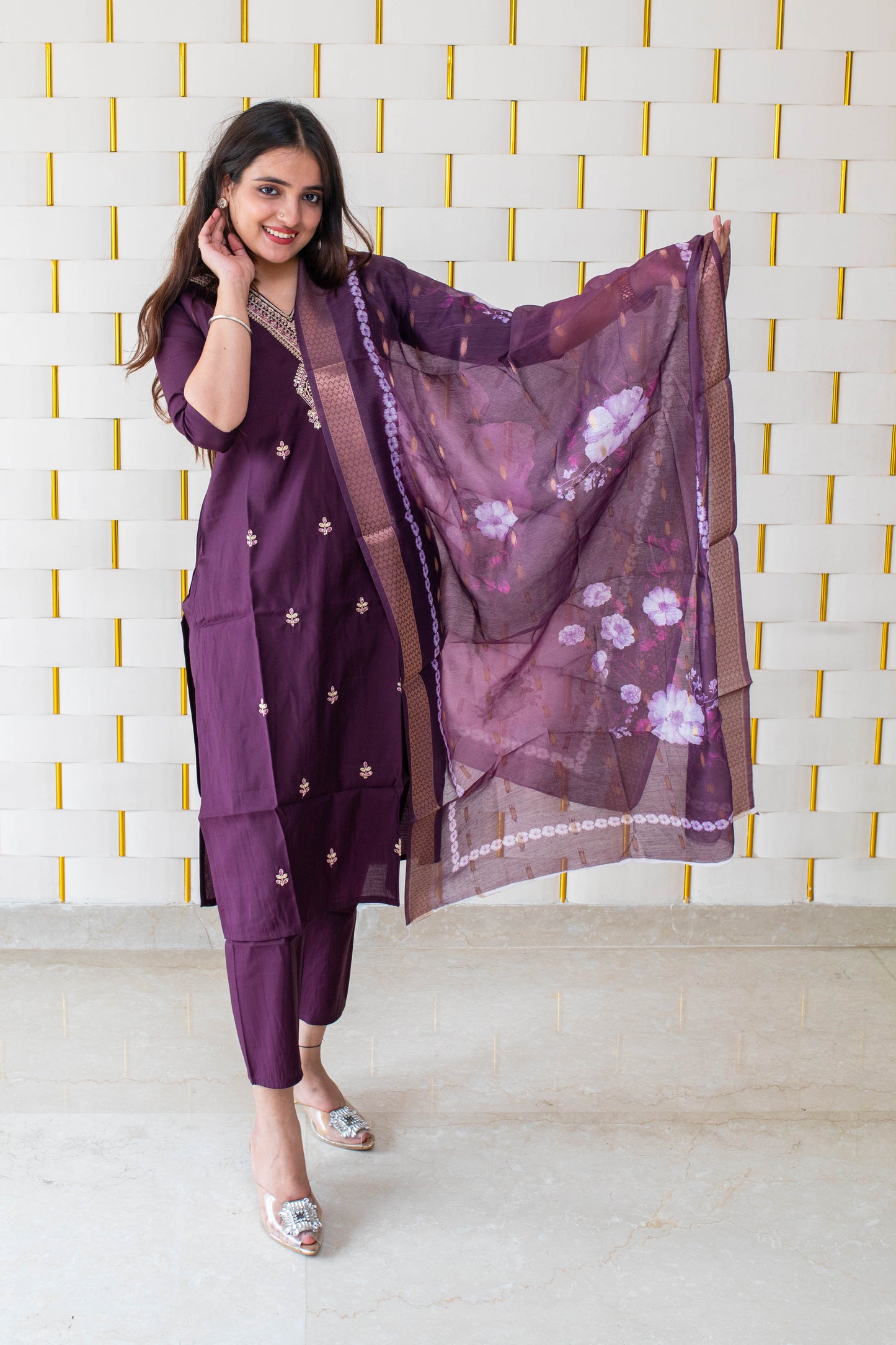 Deep Purple Suit with handcrafted Golden Beads work on neck with Golden Zari work on Dupatta