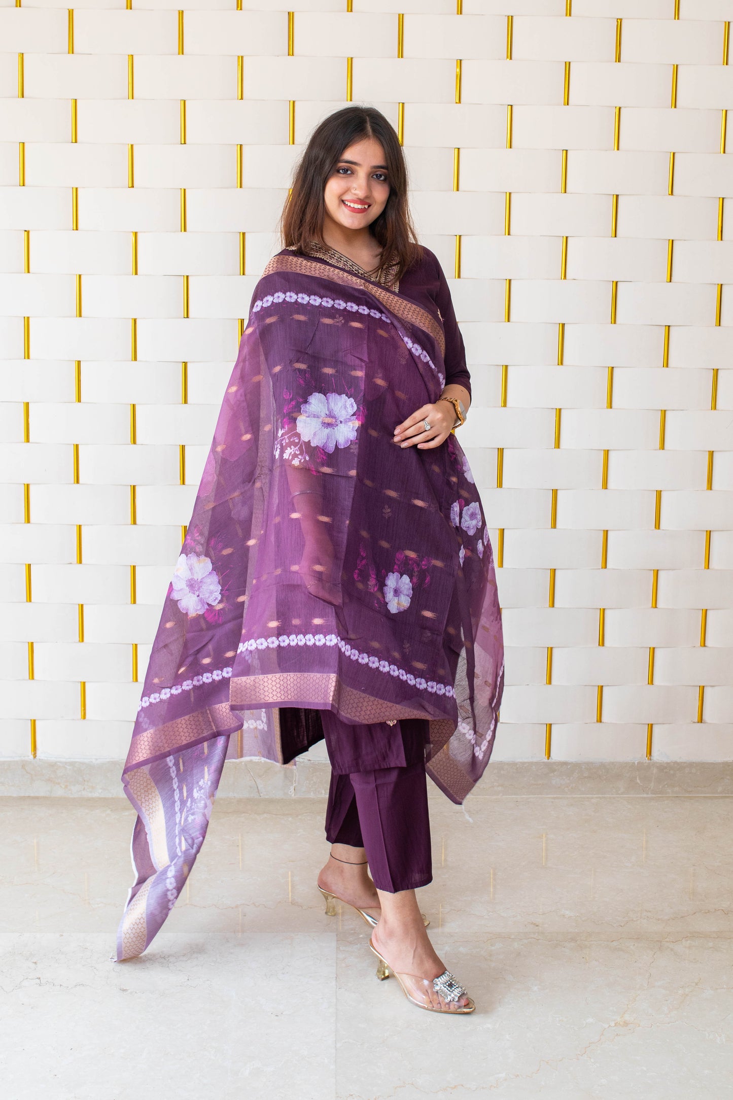 Deep Purple Suit with handcrafted Golden Beads work on neck with Golden Zari work on Dupatta