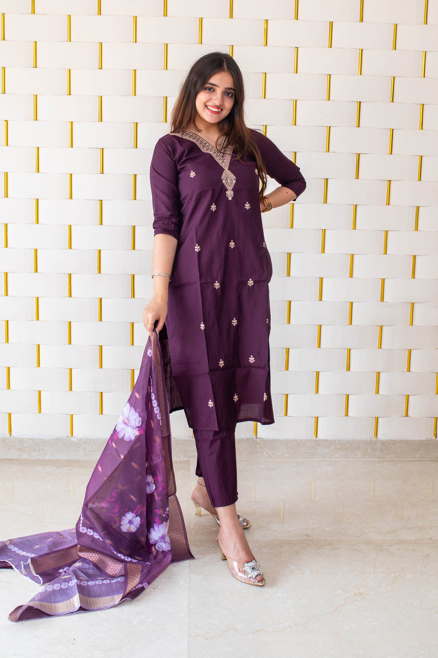 Deep Purple Suit with handcrafted Golden Beads work on neck with Golden Zari work on Dupatta