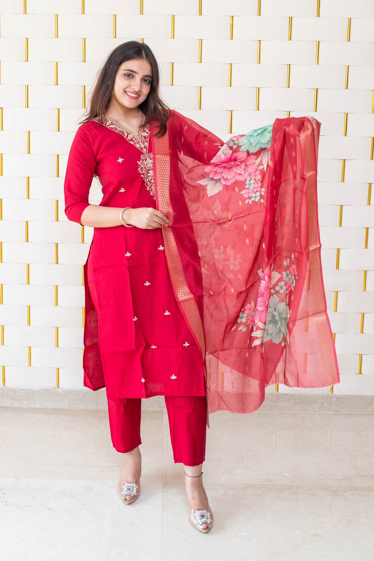 Red Suit with Golden Neck work and Golden Zari work on Dupatta