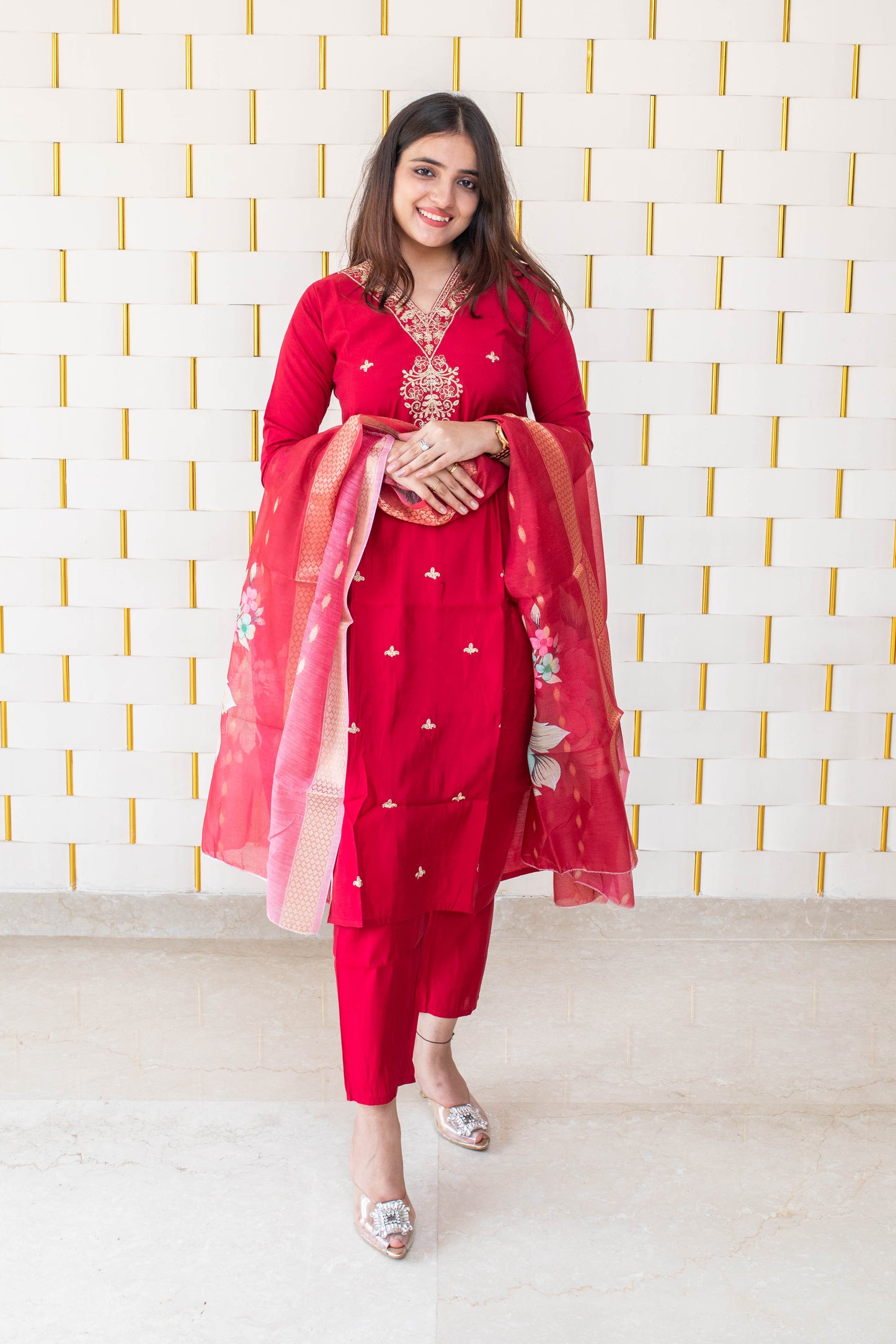 Red Suit with Golden Neck work and Golden Zari work on Dupatta