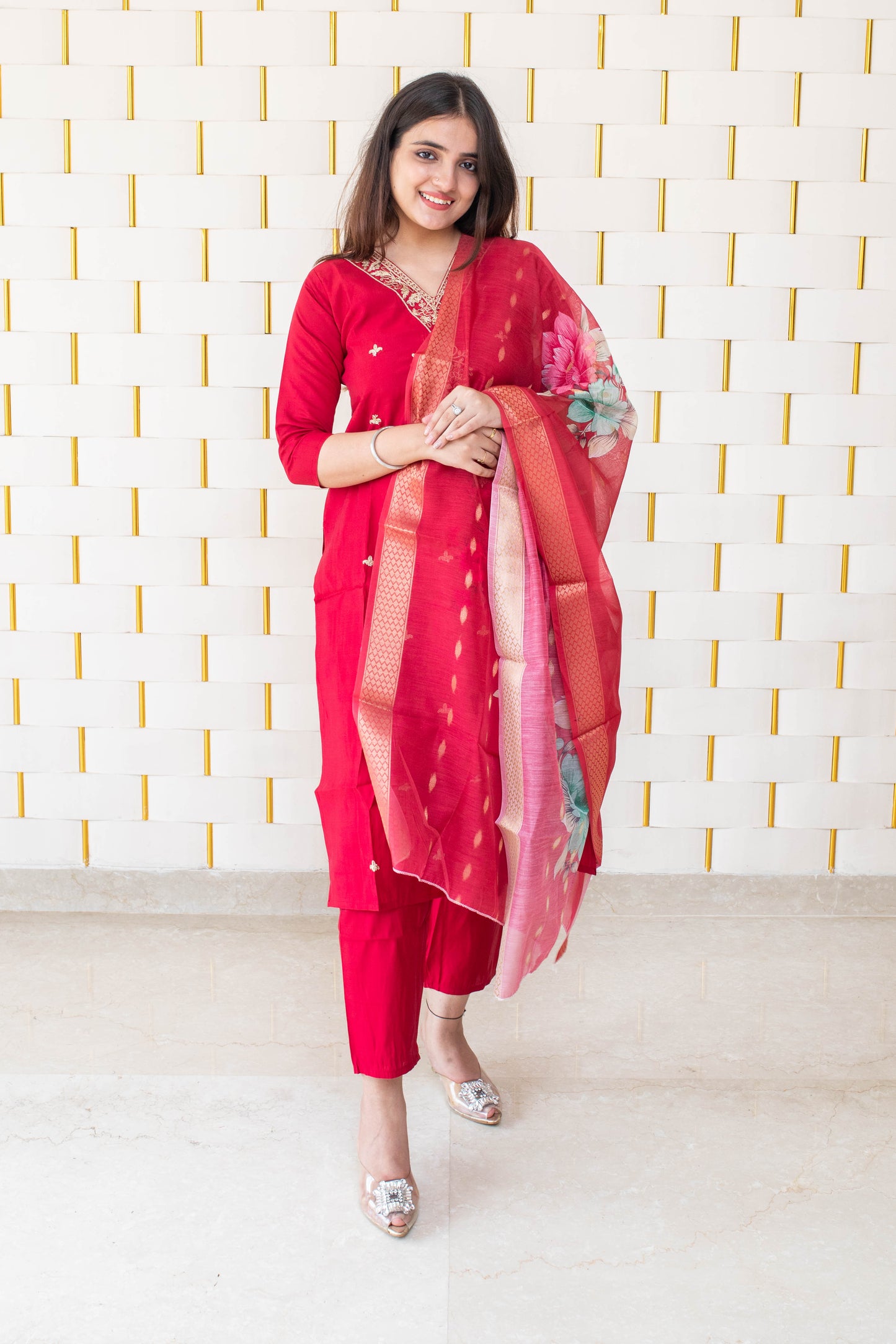 Red Suit with Golden Neck work and Golden Zari work on Dupatta