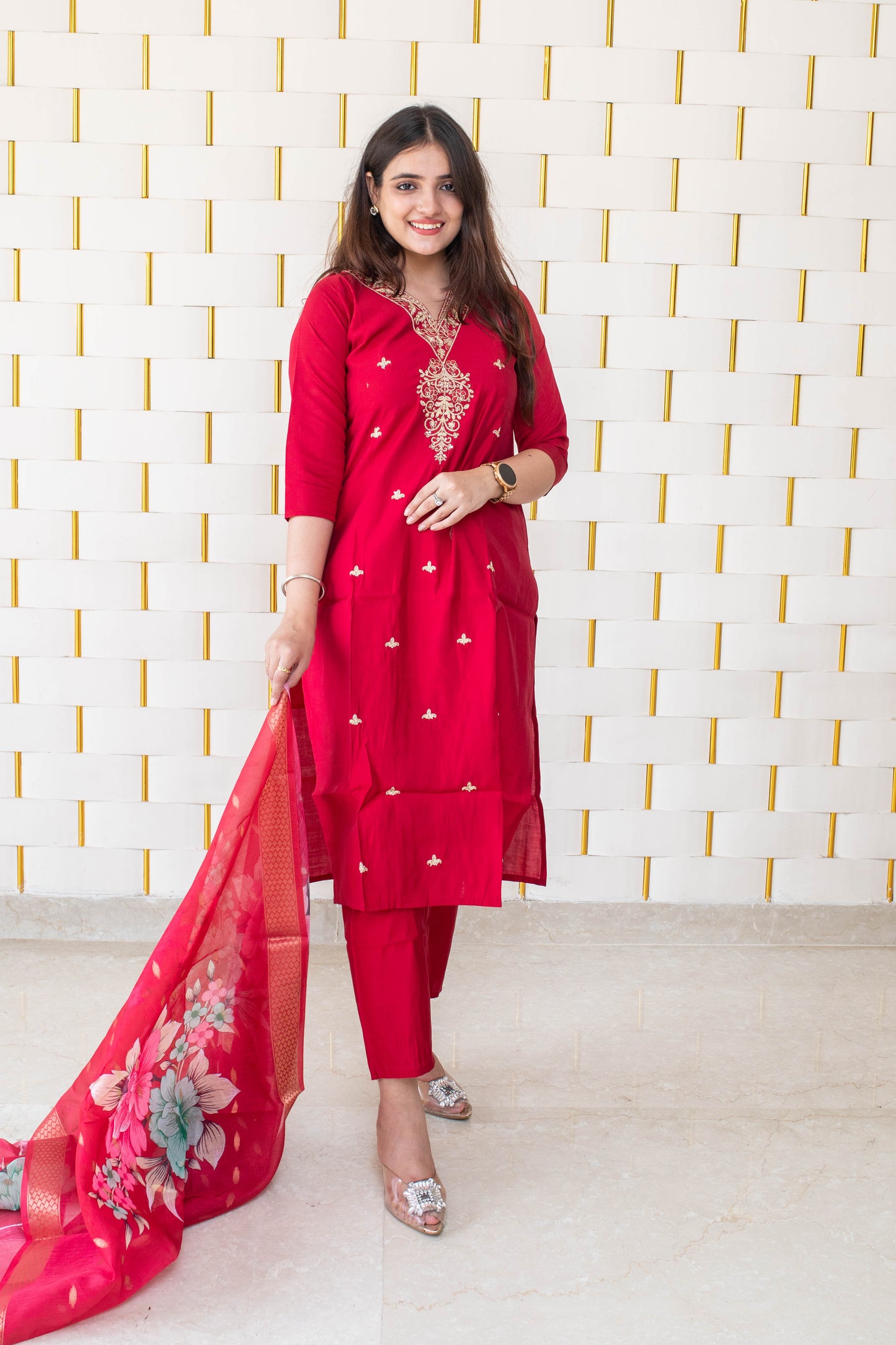 Red Suit with Golden Neck work and Golden Zari work on Dupatta