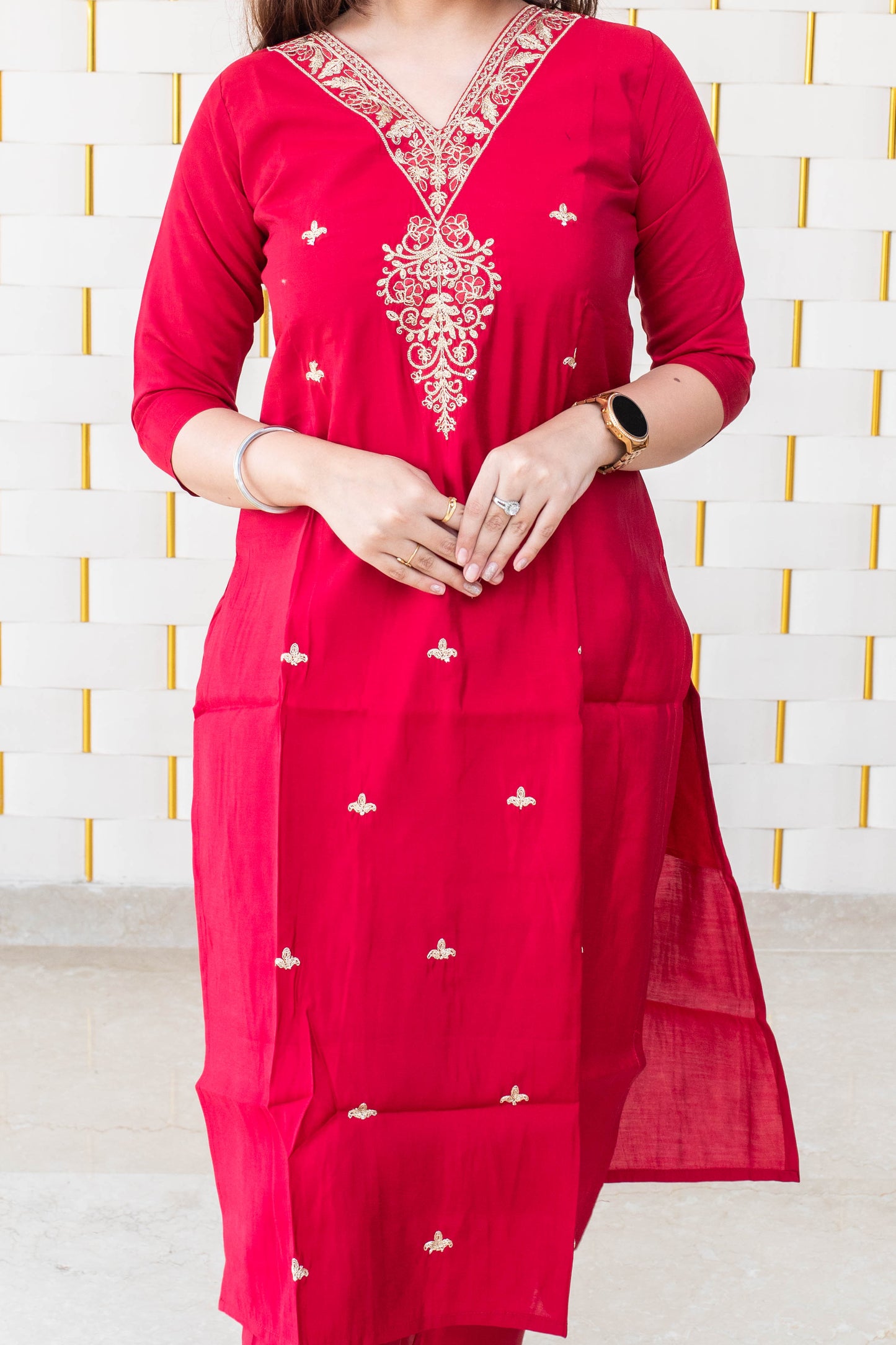 Red Suit with Golden Neck work and Golden Zari work on Dupatta