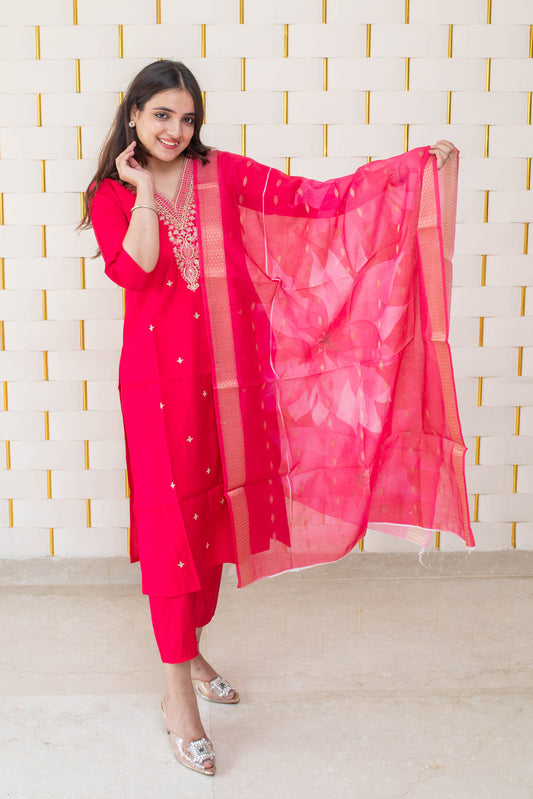 Bright Pink Suit with golden work on neck and golden zari work on Dupatta