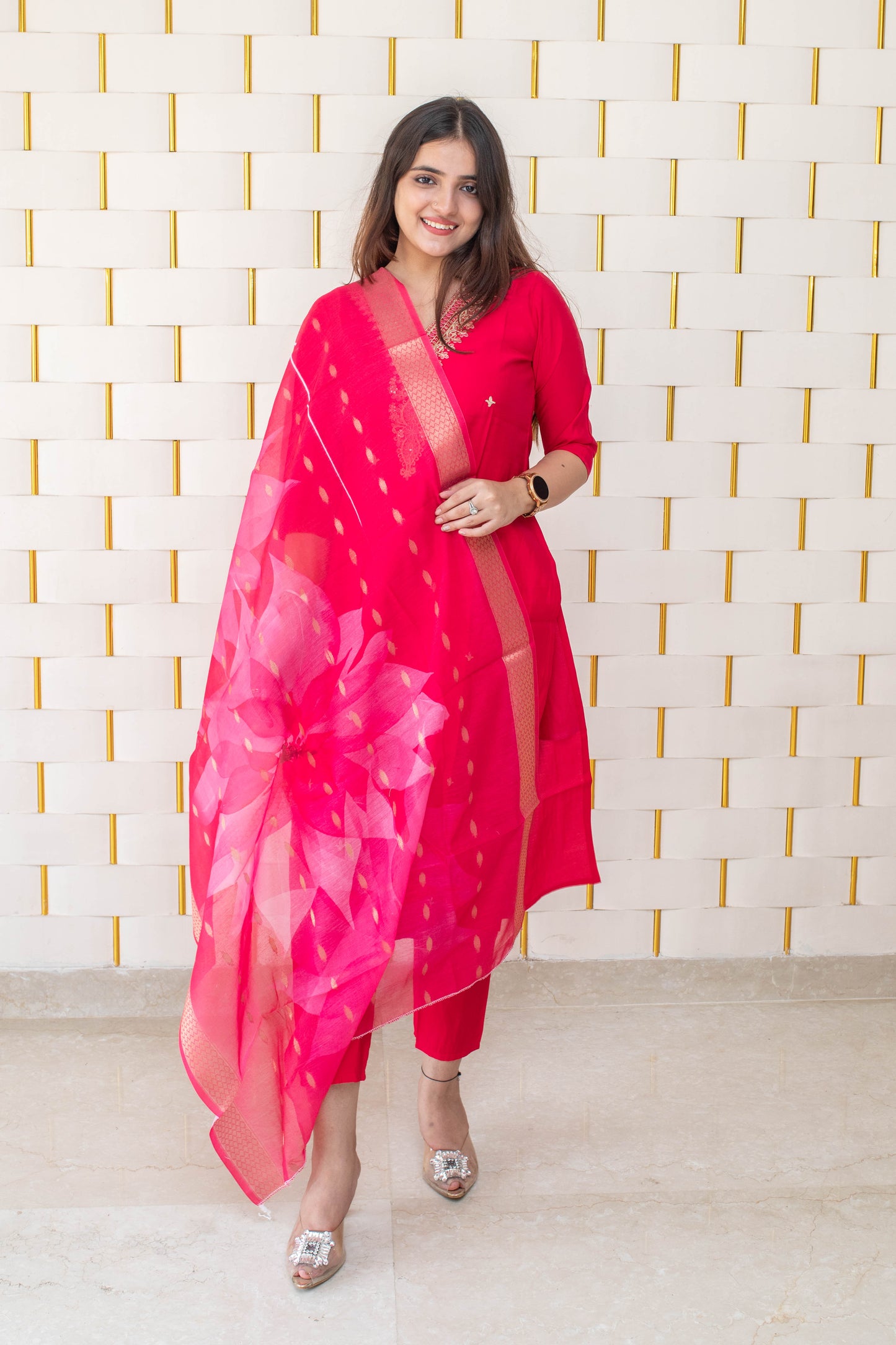 Bright Pink Suit with golden work on neck and golden zari work on Dupatta