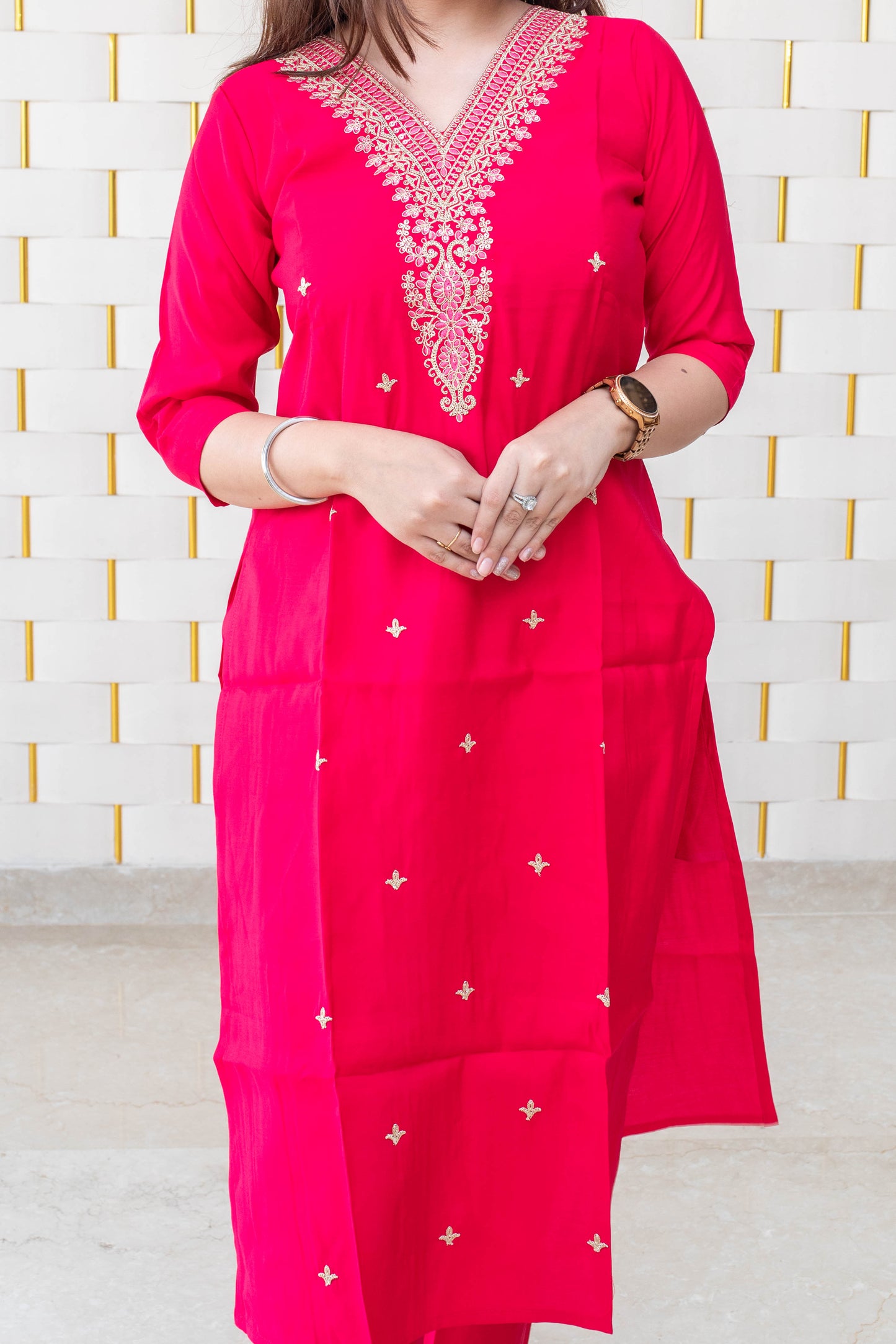 Bright Pink Suit with golden work on neck and golden zari work on Dupatta