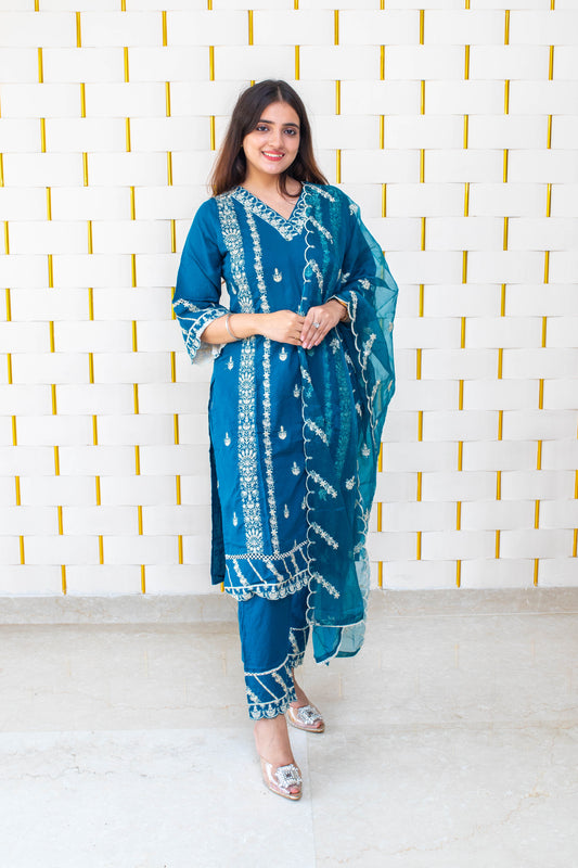 Peacock Blue Suit with White Kadhai work and Net Duppatta