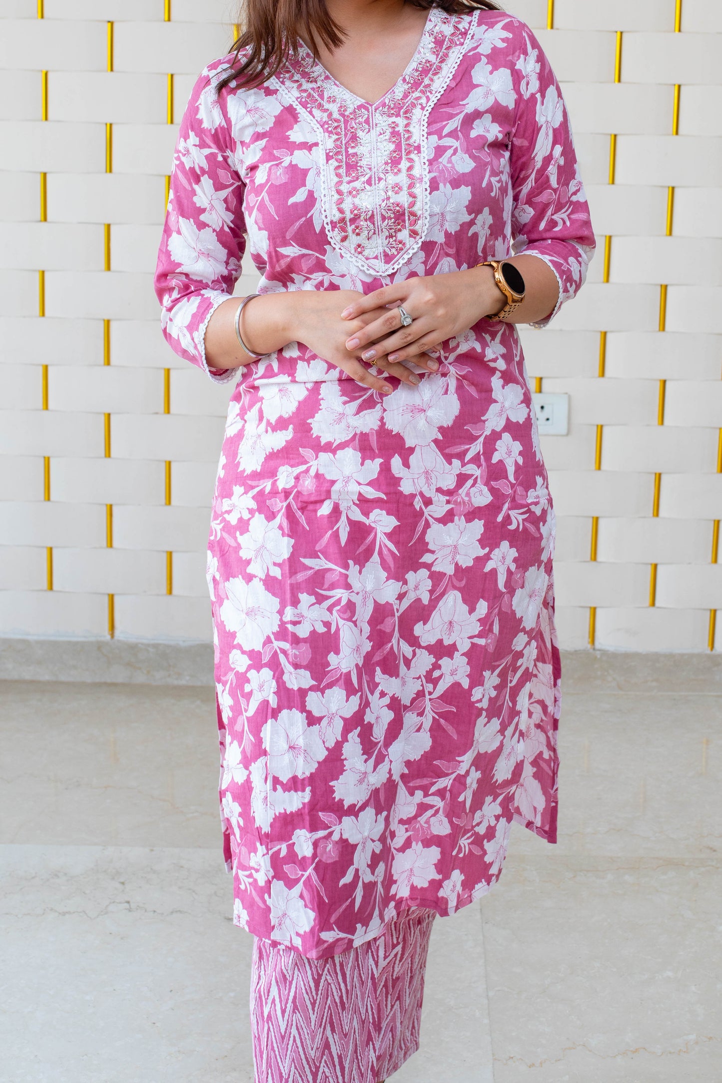 Pink Cotton Printed Kurta Pant & Dupatta Sets