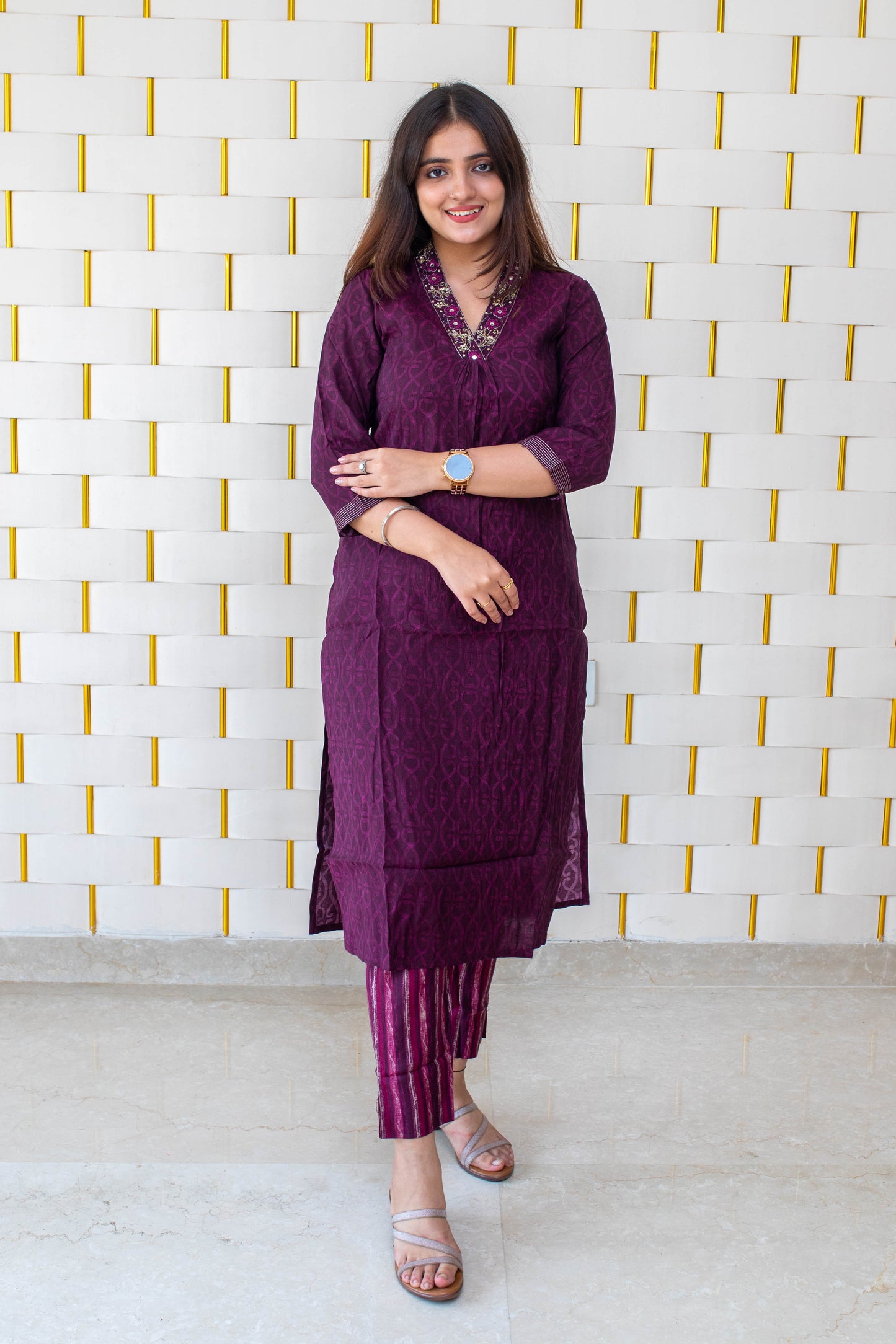 Purple Kurta Set with Zari work on V-Neck