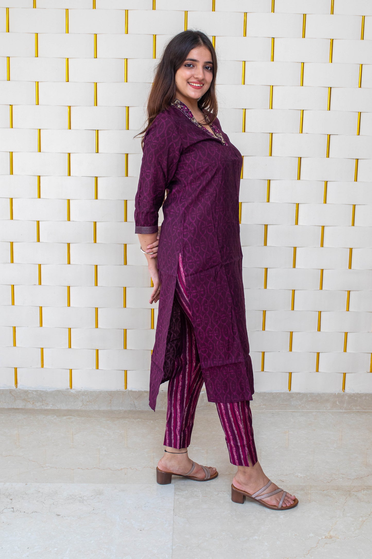 Purple Kurta Set with Zari work on V-Neck