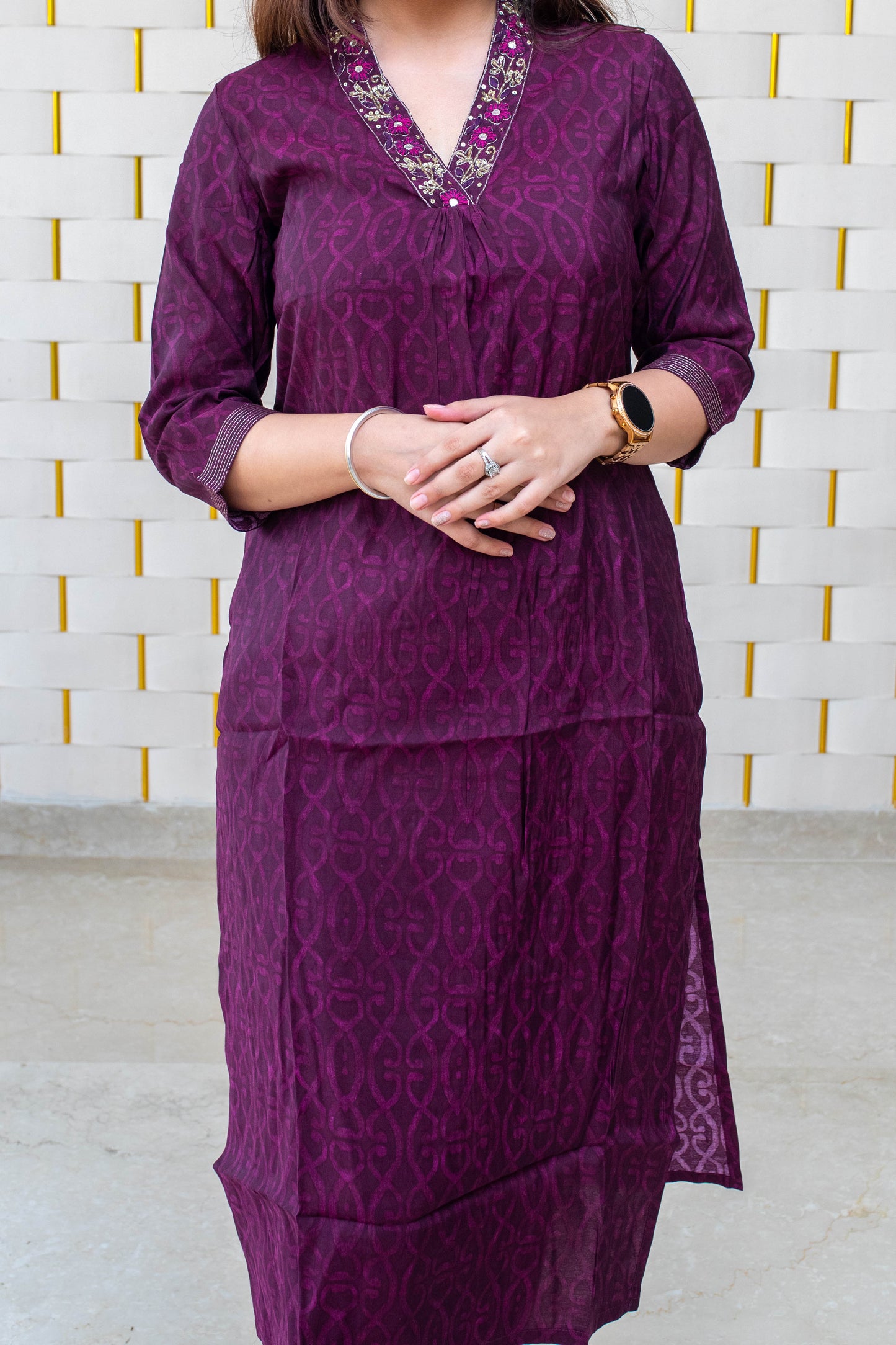 Purple Kurta Set with Zari work on V-Neck