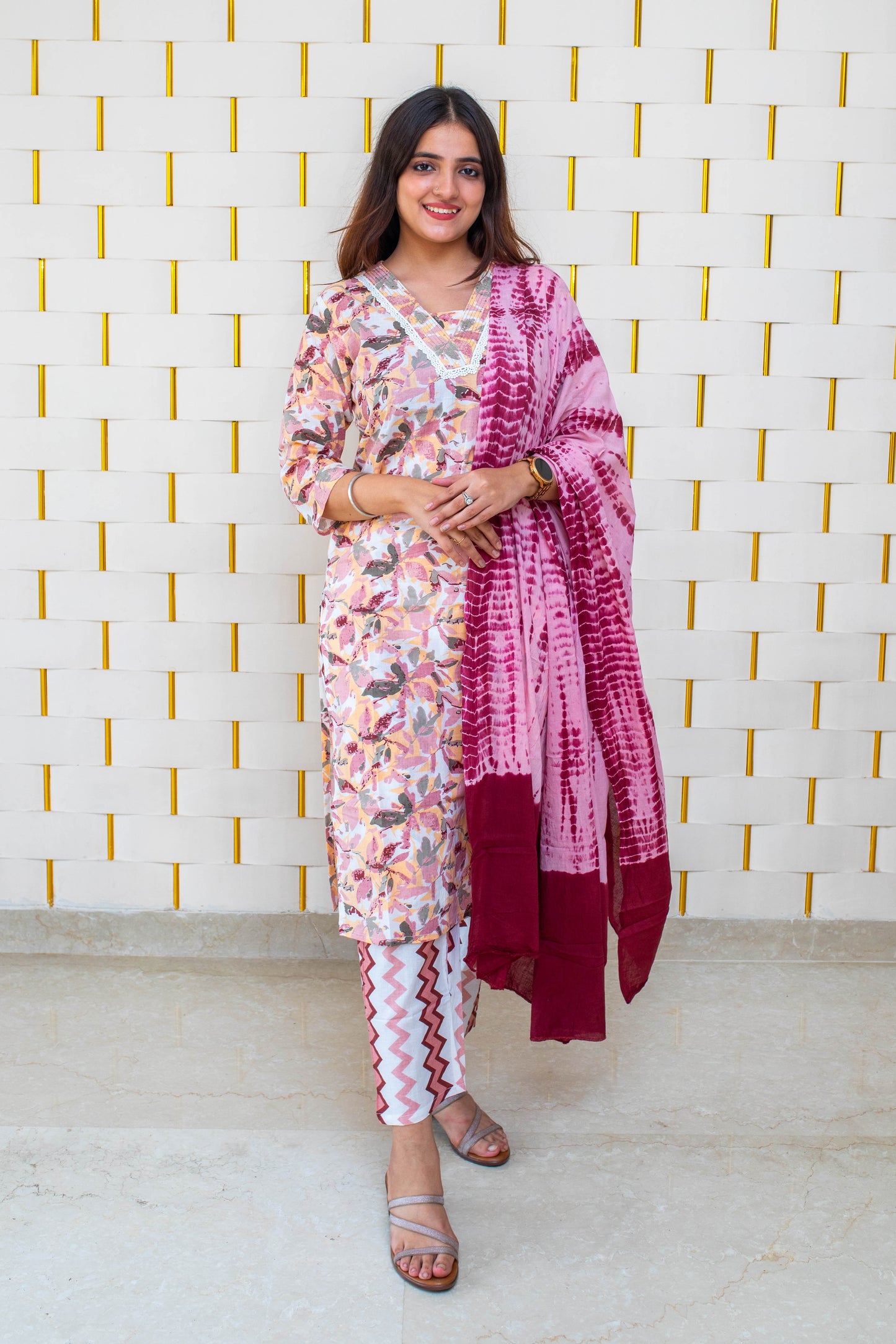 Purple Cotton Suit with Floral Prints and Dupatta