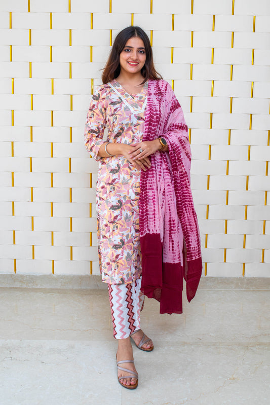 Purple Cotton Suit with Floral Prints and Dupatta