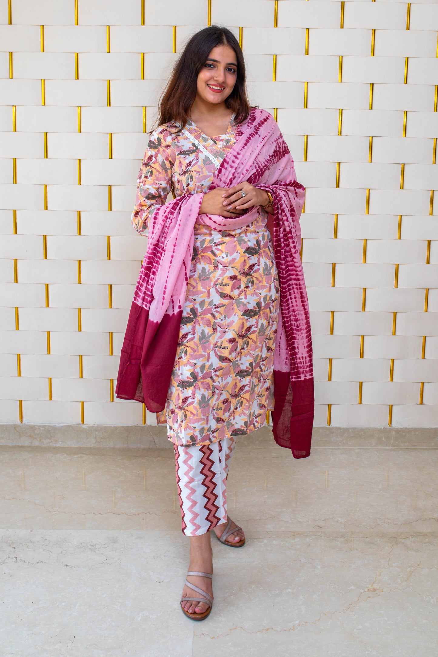 Purple Cotton Suit with Floral Prints and Dupatta