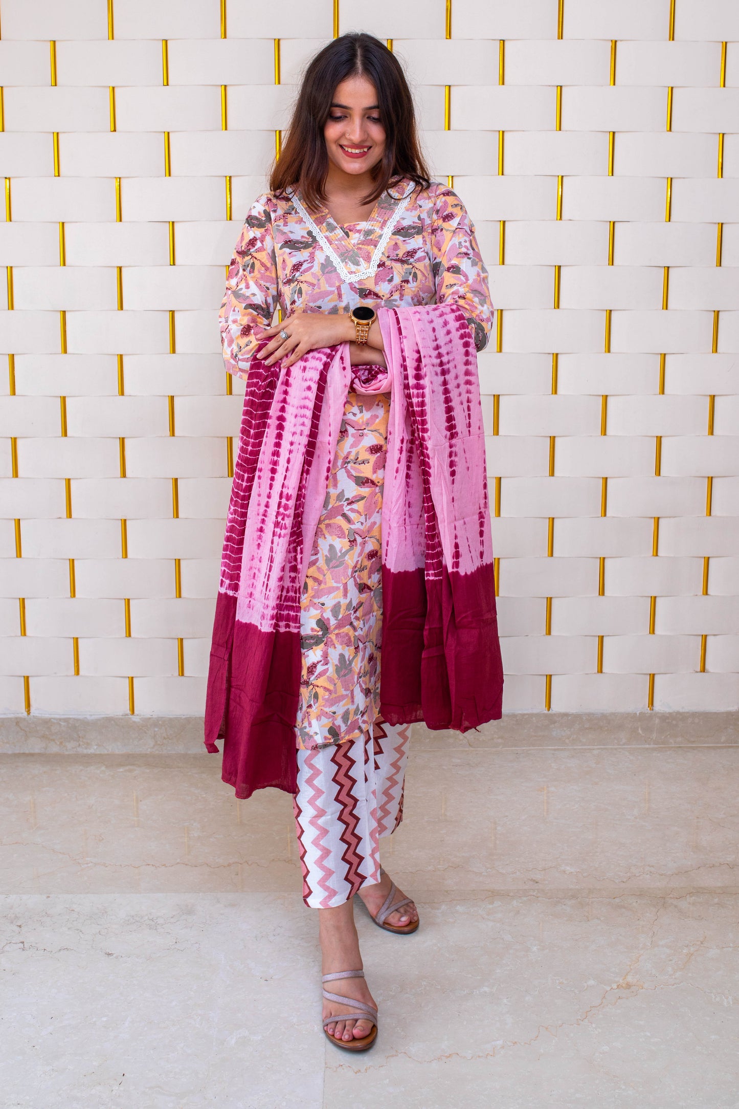 Purple Cotton Suit with Floral Prints and Dupatta