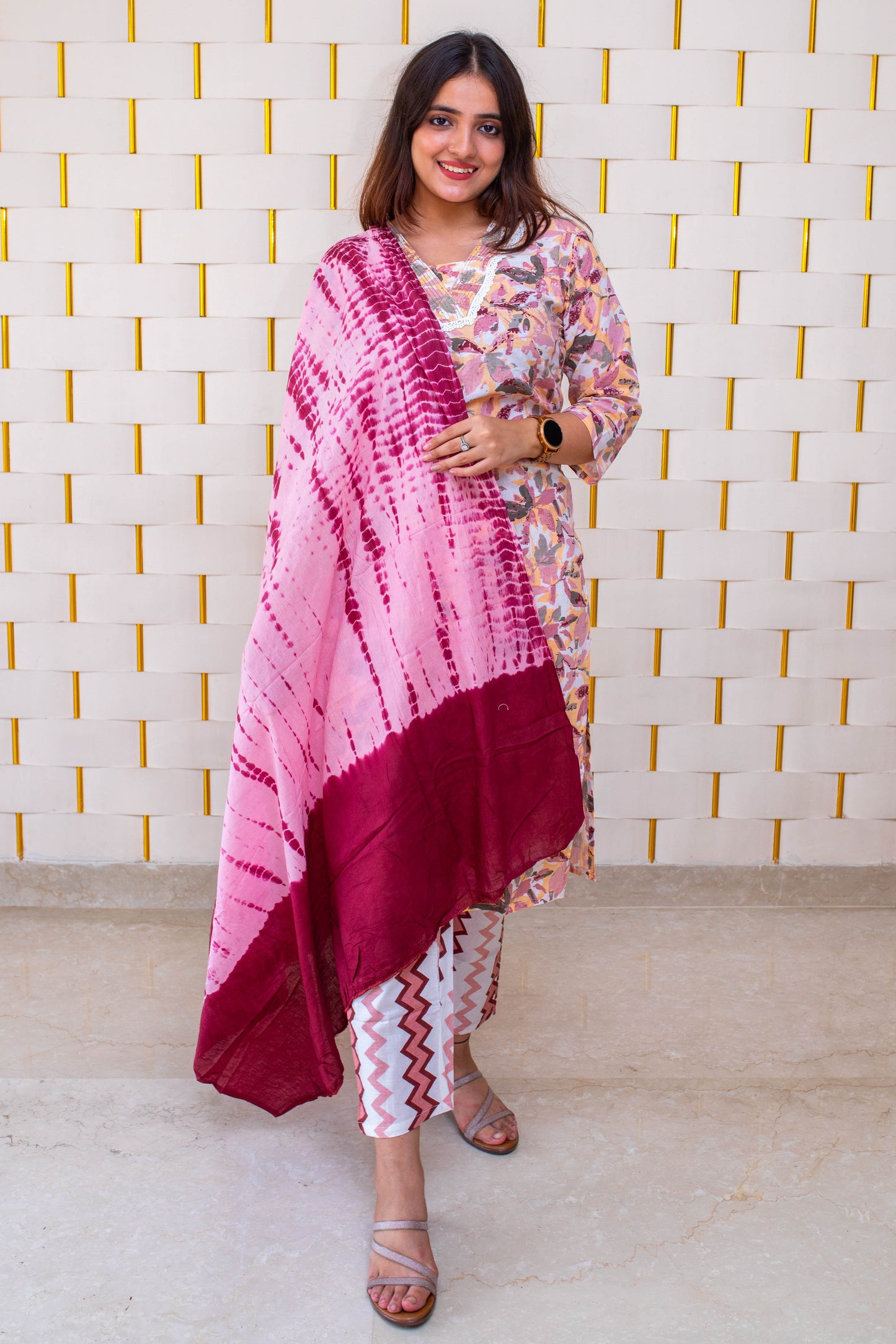 Purple Cotton Suit with Floral Prints and Dupatta