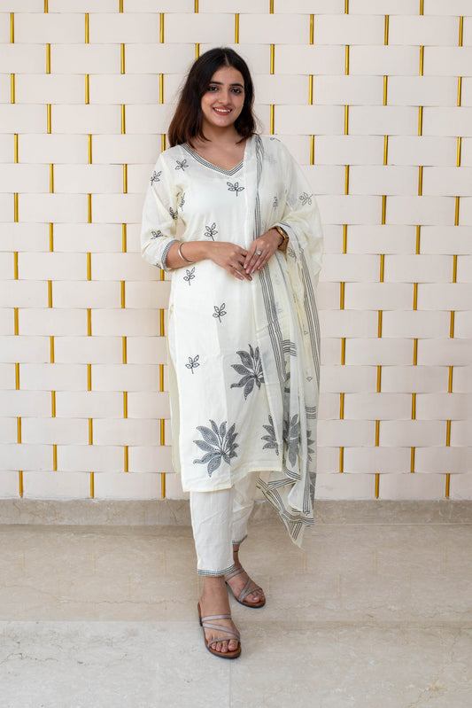 Off-White Kurta with Black Embroidery